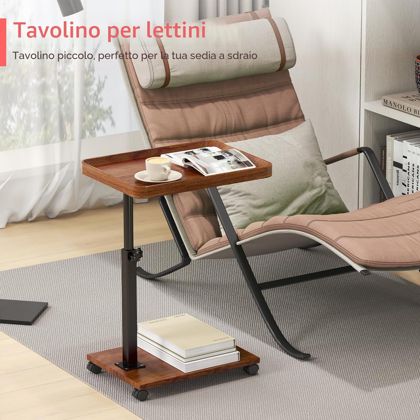 Tavolino laterale regolabile in altezza a forma di C, in legno, girevole a 360°, per divano letto, soggiorno, laptop, caffè su ruote