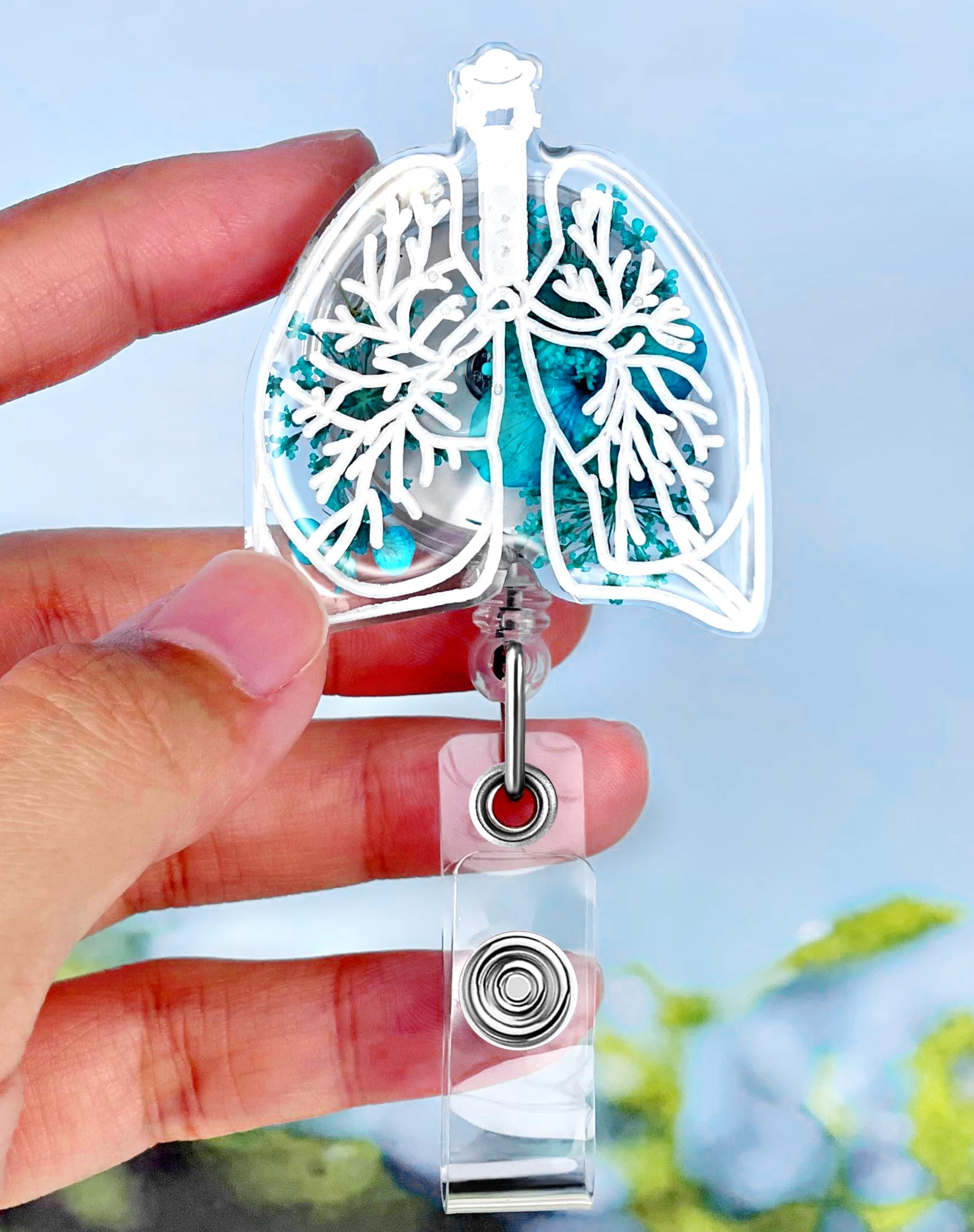 Plifal Lung Dried Flower Badge Reel Holder Retractable with ID Clip for Nurse Nursing - Resin Floral Name Tag Card Accessories Alligator Clip for