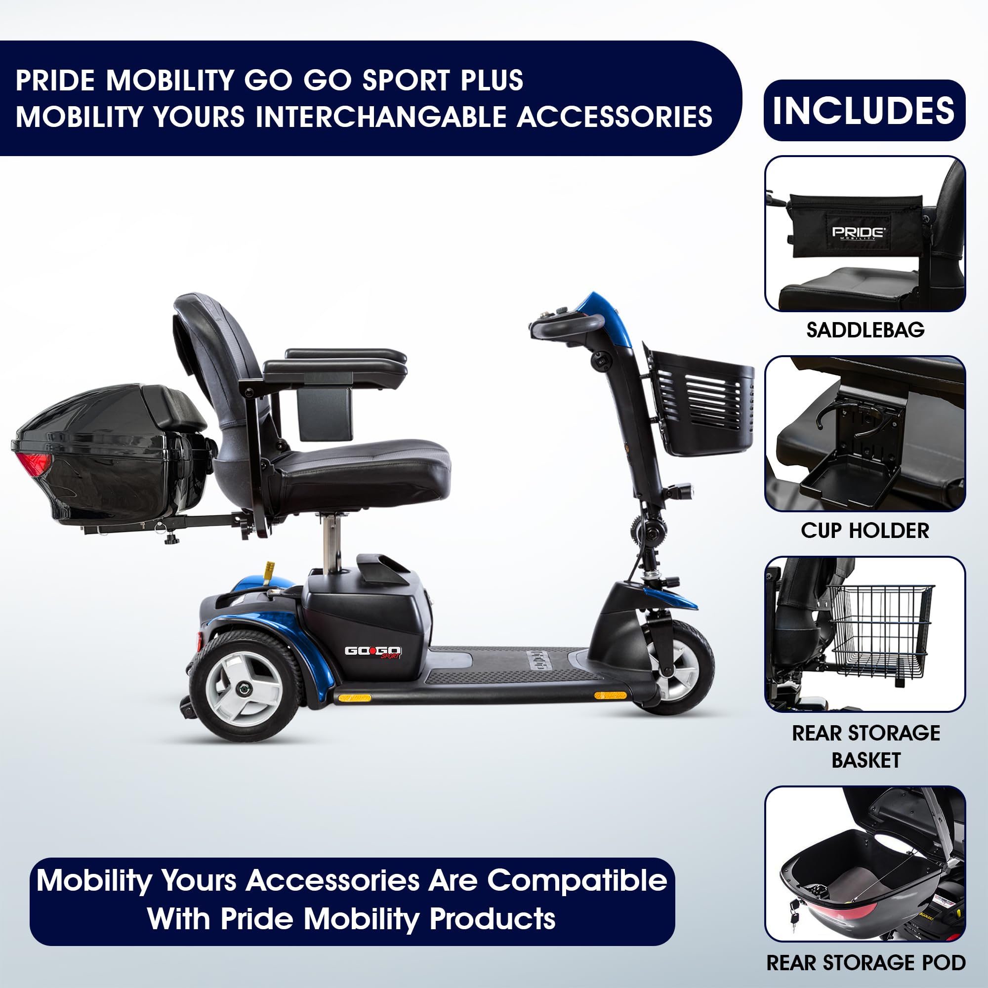 Pride Mobility Go-Go Sport - Patinete deportivo de 3 ruedas con cápsula de almacenamiento, portavasos, Pride Go Go Scooter de movilidad de 3 ruedas para adultos y personas mayores, portátil, batería