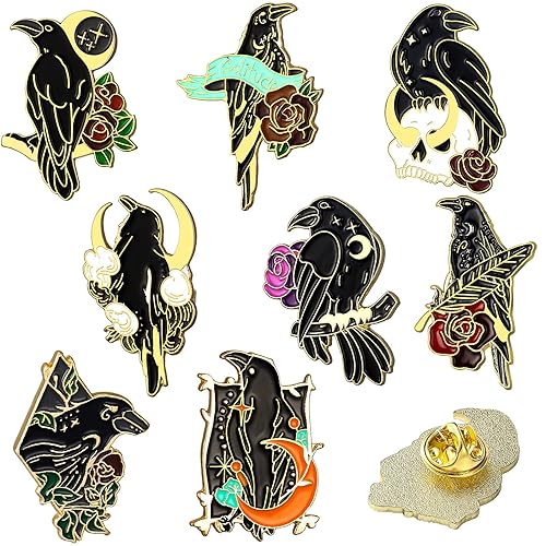 Juinte 8 Pieces Crow Enamel Pins Set Rose Moon Lapel Anime Enamel Brooch Pins Aesthetic Gothic Badges for Women Backpack Denim Bag Jewelry Accessories