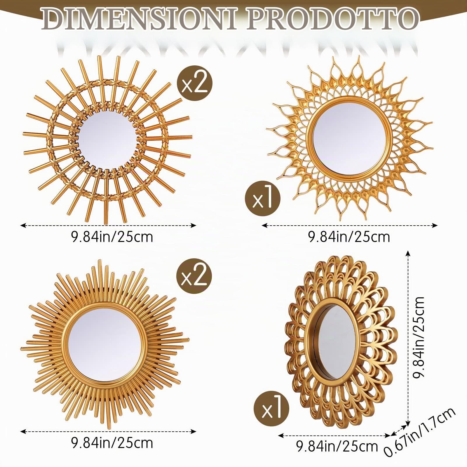 Namalu 6 Specchi d'oro per Decoro da Parete, Specchi di Sole Cerchio Piccolo Espejos Arte Decorativa da Parete in Oro Specchio d'Ingresso Sospeso a Forma di Cerchio per Casa Bagno Soggiorno Boho