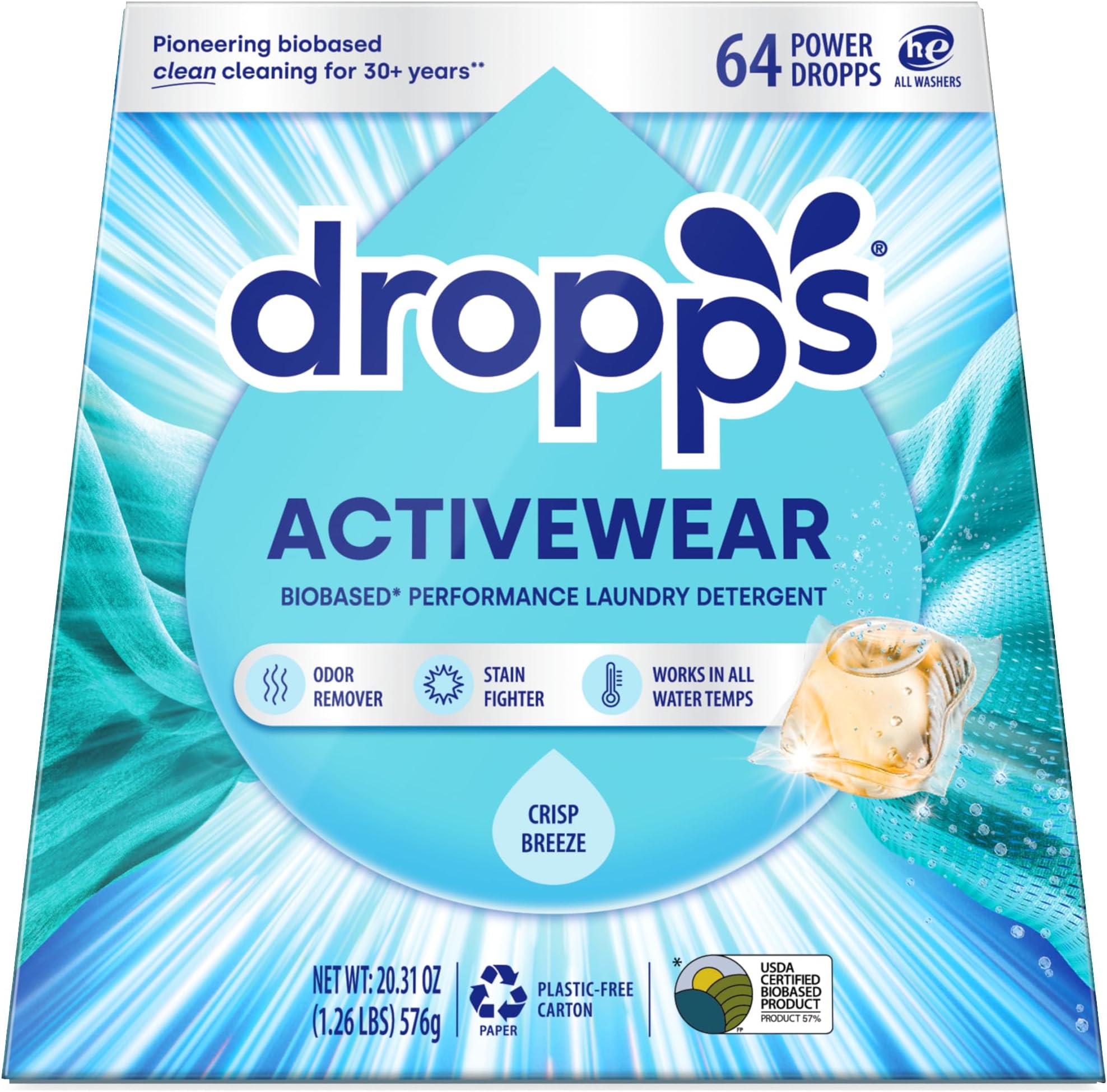 Dropps Activewear Laundry Detergent Pods, Crisp Breeze (64 Count) - Powerful Laundry Pods | Fights Sweat & Body Odors | For Synthetic Workout Clothes | Clean Ingredients | Plastic Free Packaging