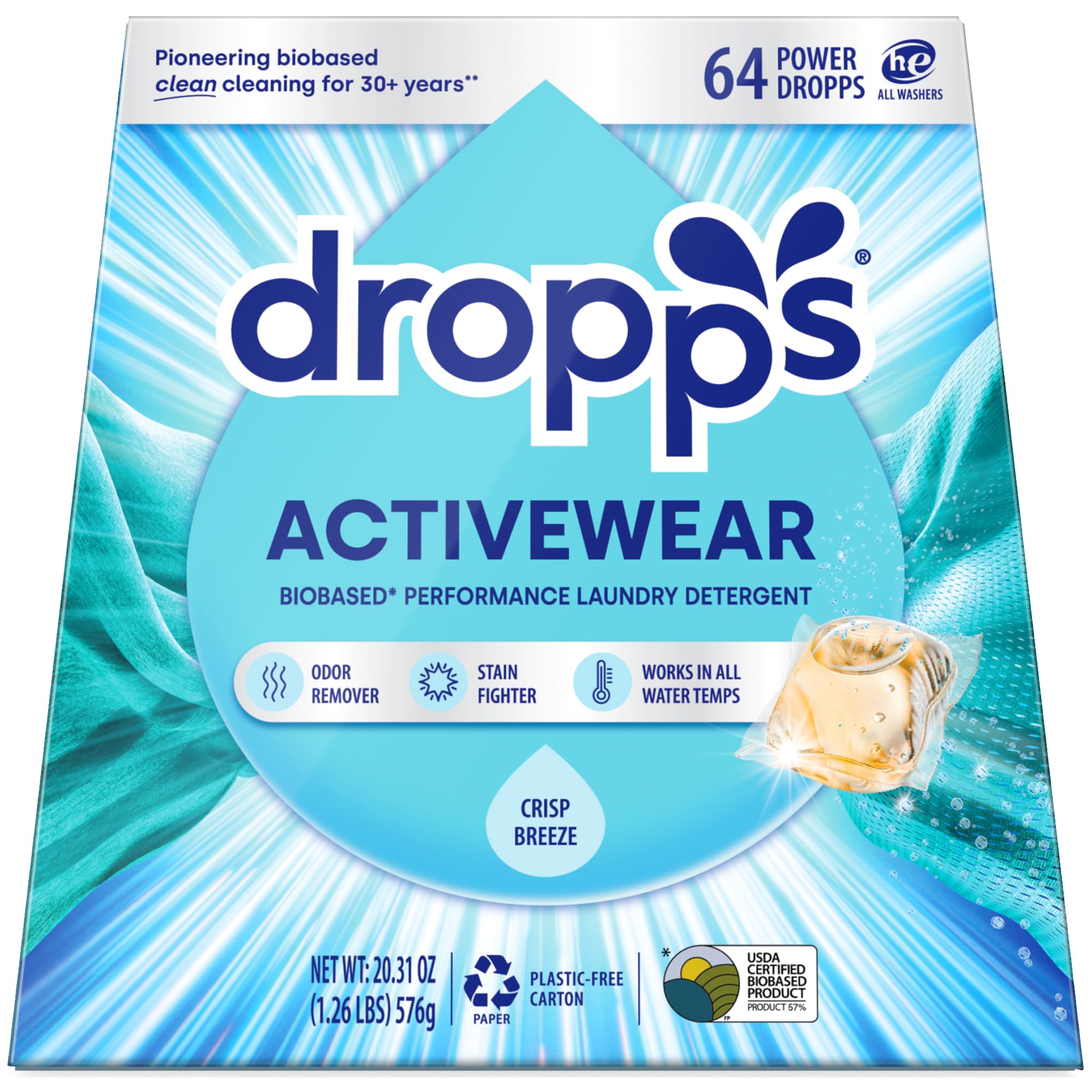 Dropps Activewear Biobased Power Laundry Detergent Pods, Crisp Breeze (64 Count) - Laundry Pods Fights Tough Stains & Odors, Sweat & Dirt - HE Compatible Laundry Supplies for Clean Clothes