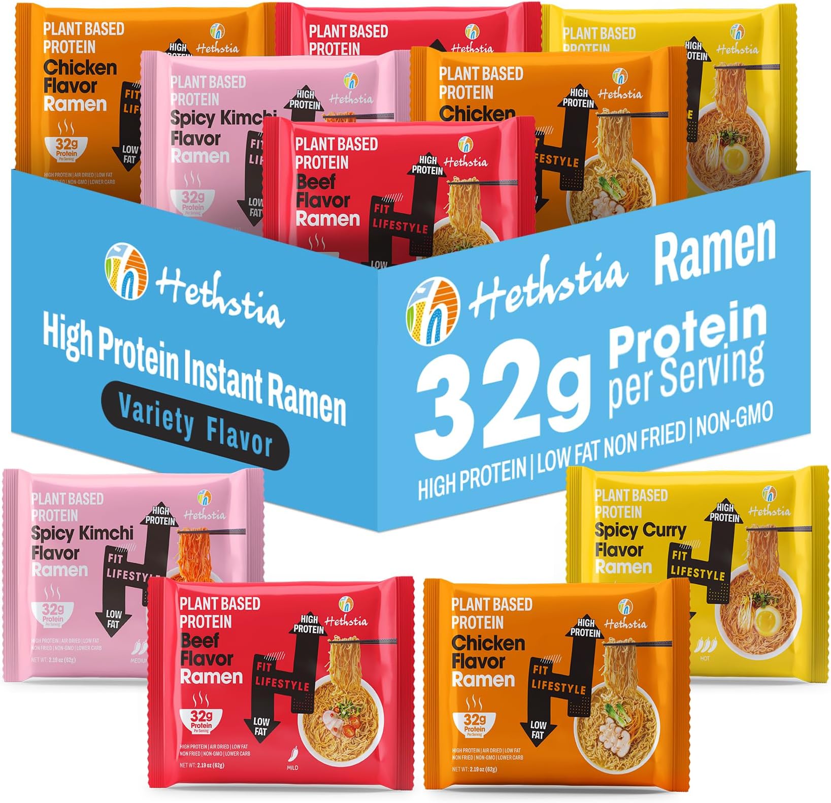 Hethstia High-Protein Ramen Variety Pack (Chicken, Beef, Spicy Kimchi, Spicy Curry), 6-Pack Instant Ramen Noodle Soup, 32g Plant-Based Protein, Vegan, Non-GMO, Low Fat, Pre-Packaged Quick Meal
