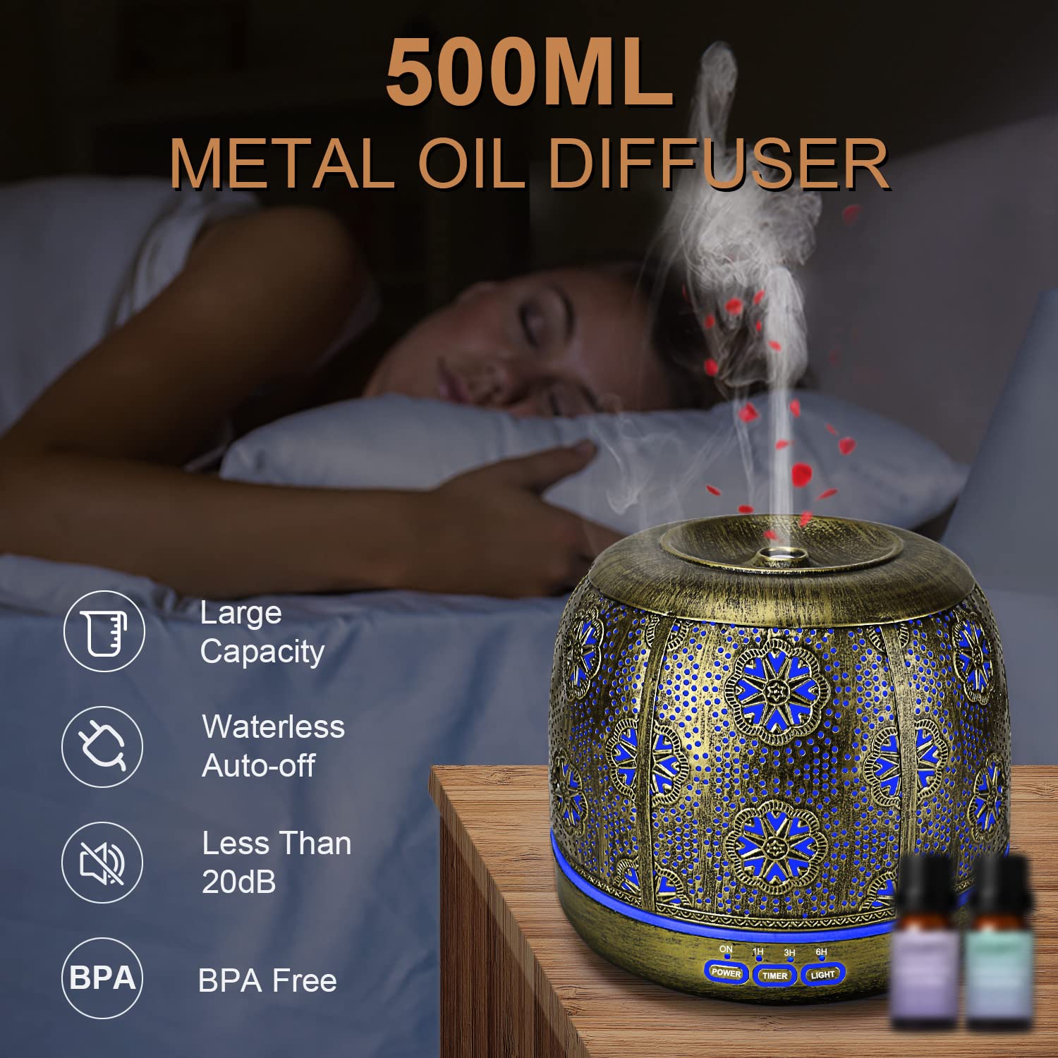 SALUBRITO 500 ml aromadiffuser voor etherische oliën, metaal, ultrasone luchtbevochtiger, geurolie diffuser met 7 kleuren licht, aromatherapie diffuser voor geuroliën, BPA-vrij en automatisch