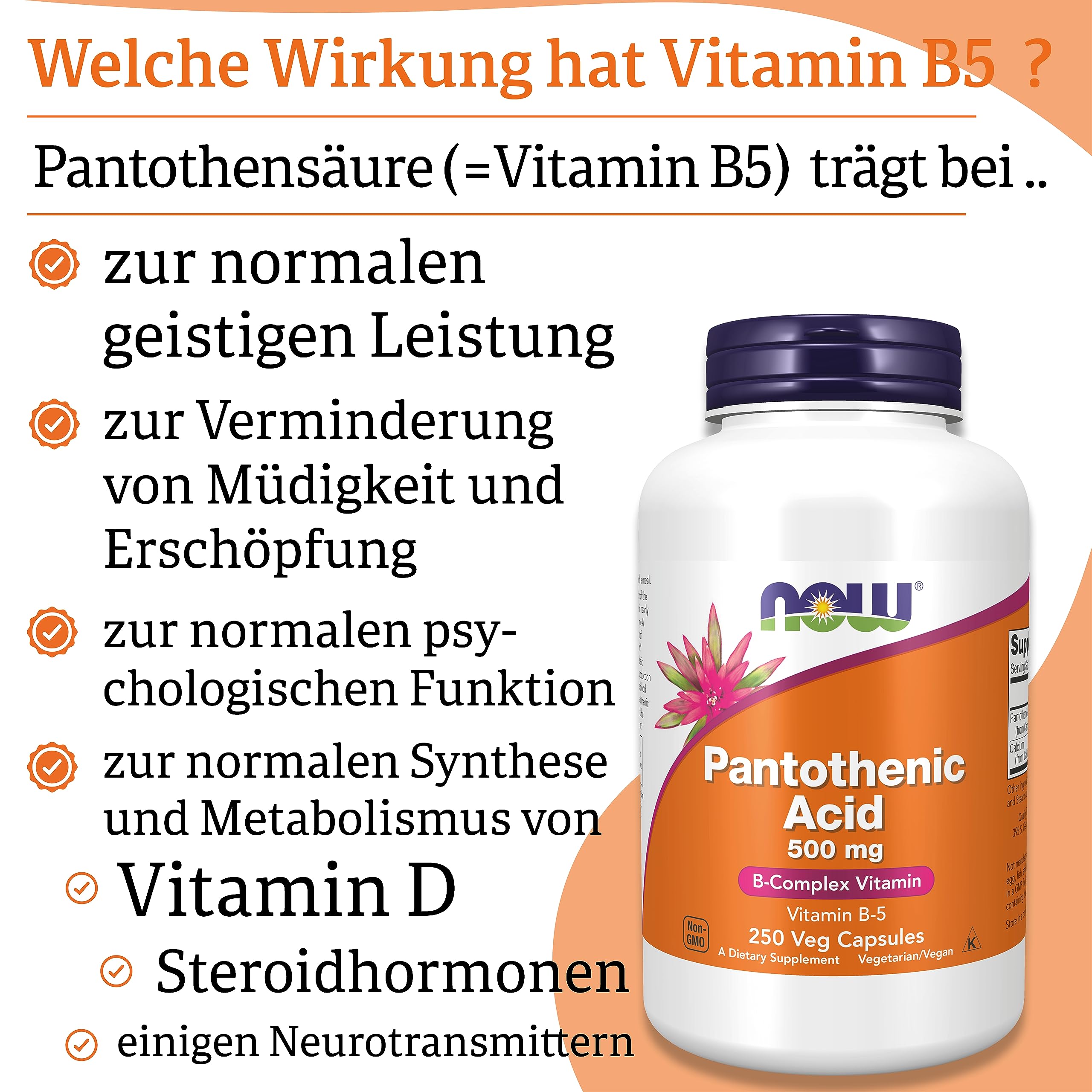 Now Foods, Pantothenic Acid (Pantothensäure), 500 mg, 250 vegane Kapseln, Laborgeprüft, Vitamin B5, Hochdosiert, Glutenfrei, Sojafrei, Vegetarisch