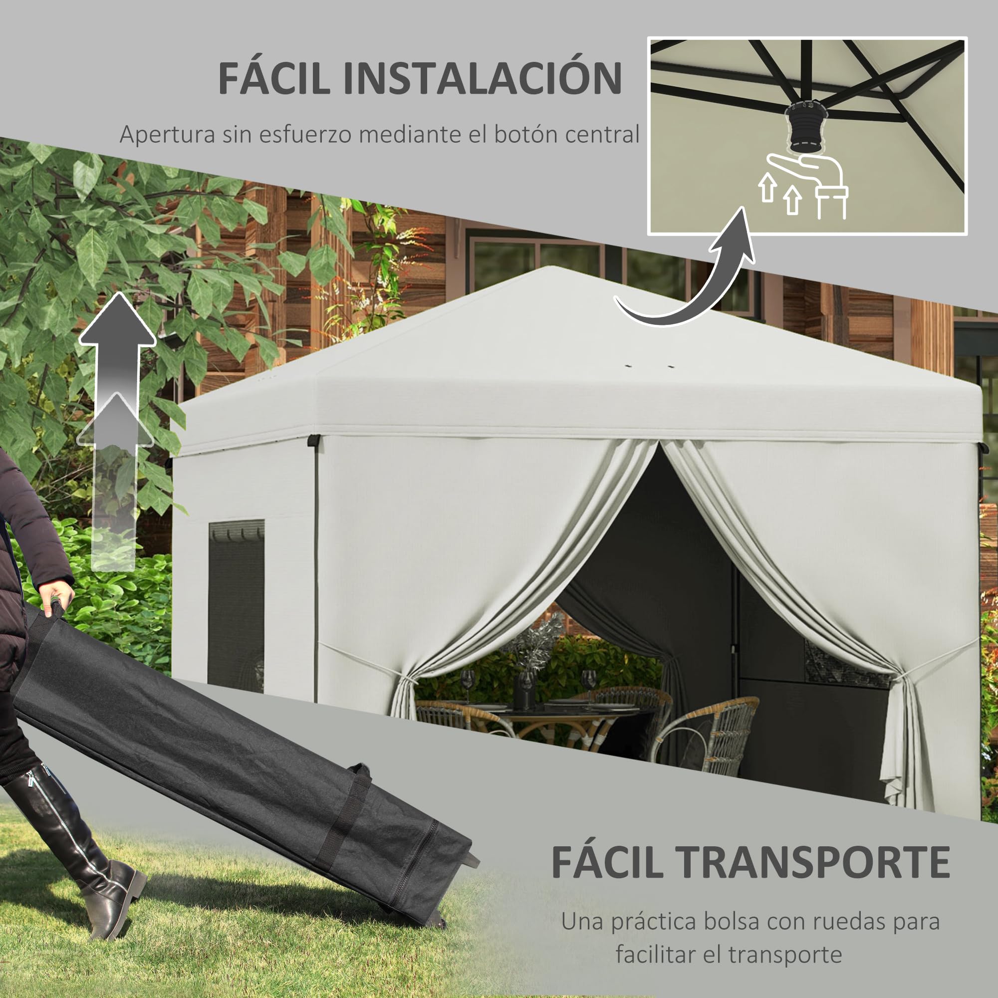 Outsunny Carpa Plegable Pop-Up 3x3 m Cenador de Jardín con 4 Paredes Laterales 2 Ventanas de Malla Altura Ajustable Bolsa de Transporte Impermeable y Anti-UV para Camping Fiestas Blanco
