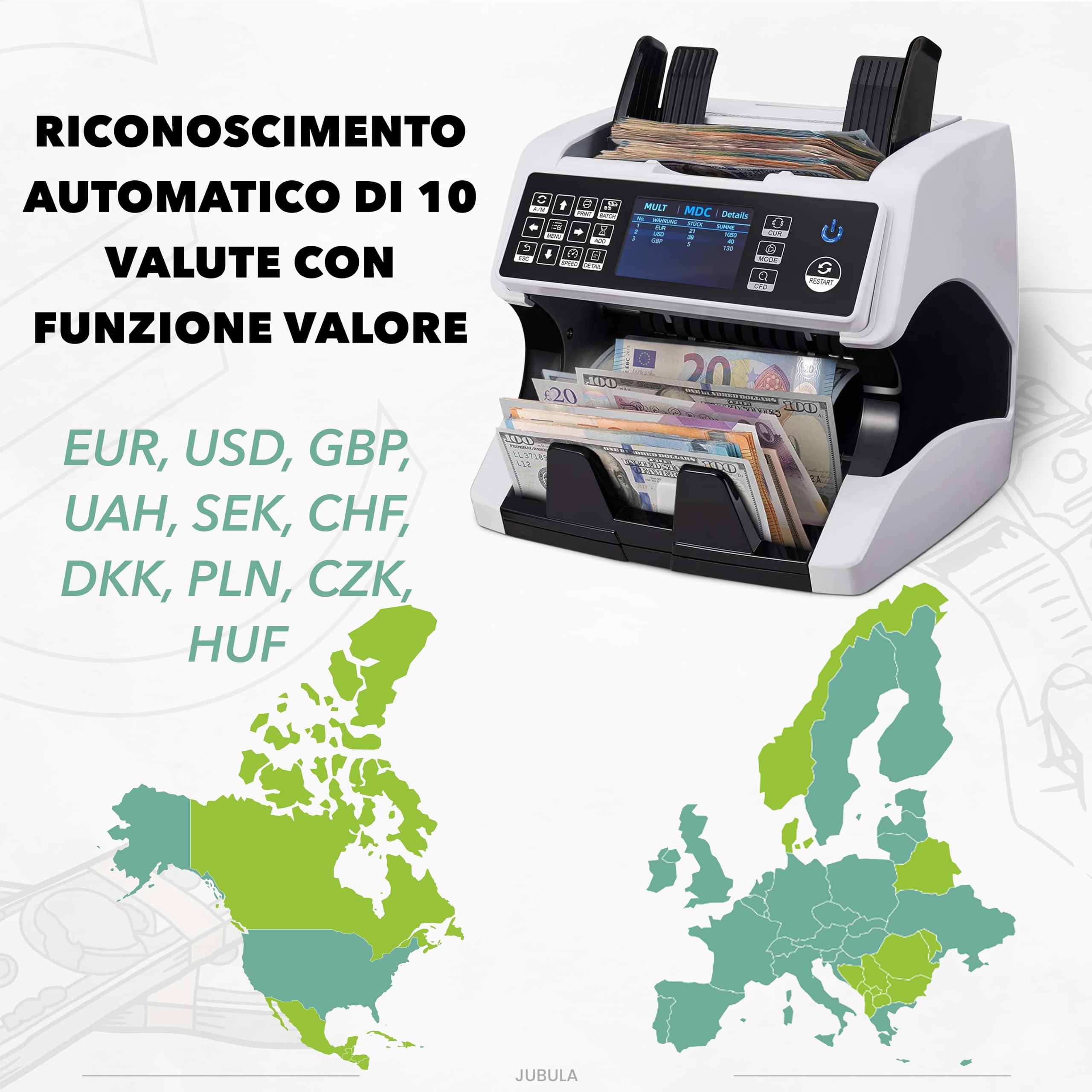 MV-500 Macchina conta banconote professionale a denominazione mista | EUR, USD, GBP, ecc. | 11 metodi di rilevamento delle contraffazioni | Conta soldi