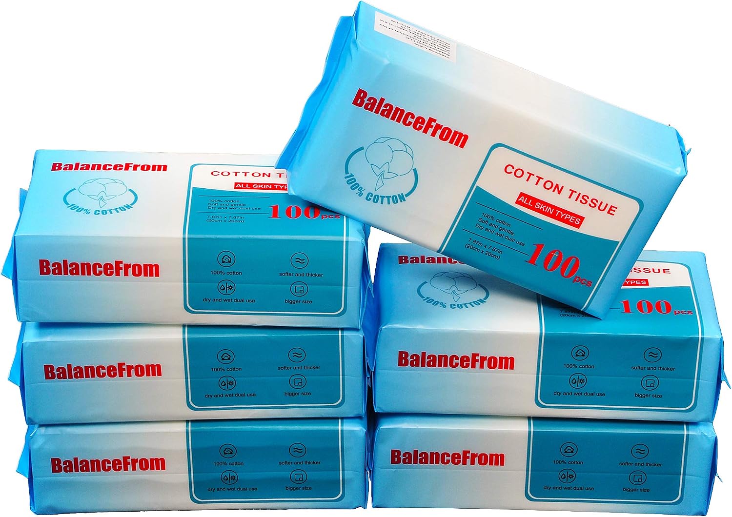 BalanceFrom Multi-Purpose 100% Unscented Cotton Tissue Soft Dry Facial Cotton Wipes for Sensitive Skin, White (Pack of 6)