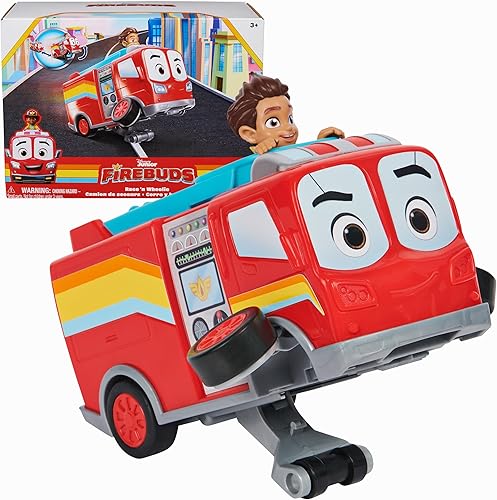 Disney Junior Firebuds, Bo and Flash - Vehículo de juguete de camión de bomberos con función de tracción y acción de ruedas, juguetes para niños y