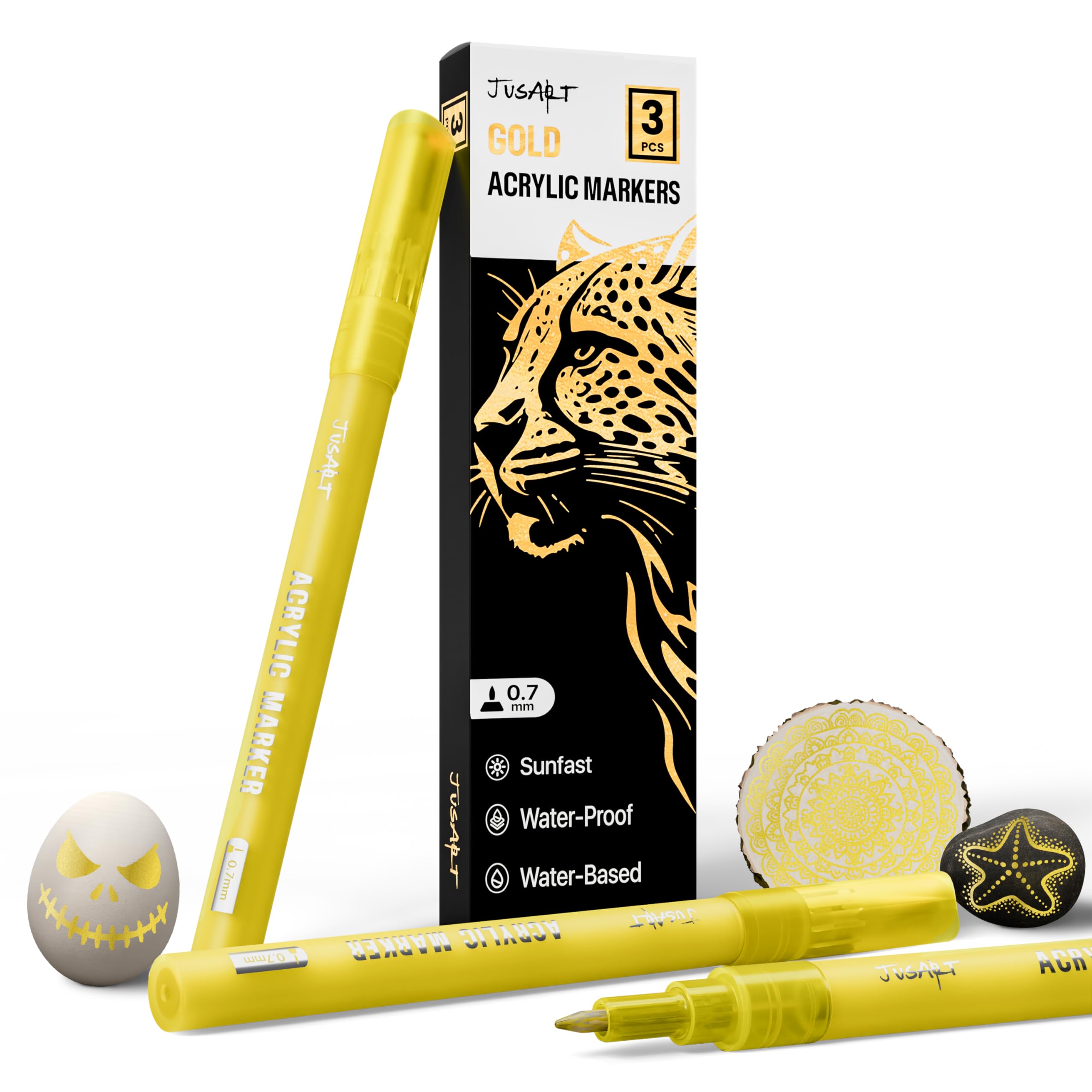 JusArt Paquete de 3 marcadores de pintura acrílica dorada, bolígrafos de pintura acrílica de punta fina de 0.7 mm para pintura de roca, proyectos de arte, cerámica, vidrio, madera, metal, tela