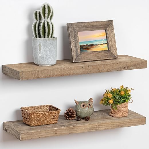 FLYJOE Floating Shelves, 8 Inch Deep Rustic Solid Reclaimed Wood Wall Shelves for Storage, Wall Mounted Display Shelving with Invisible Heavy-Duty Metal Bracket, 24 Inch Width Set of 2, Natural
