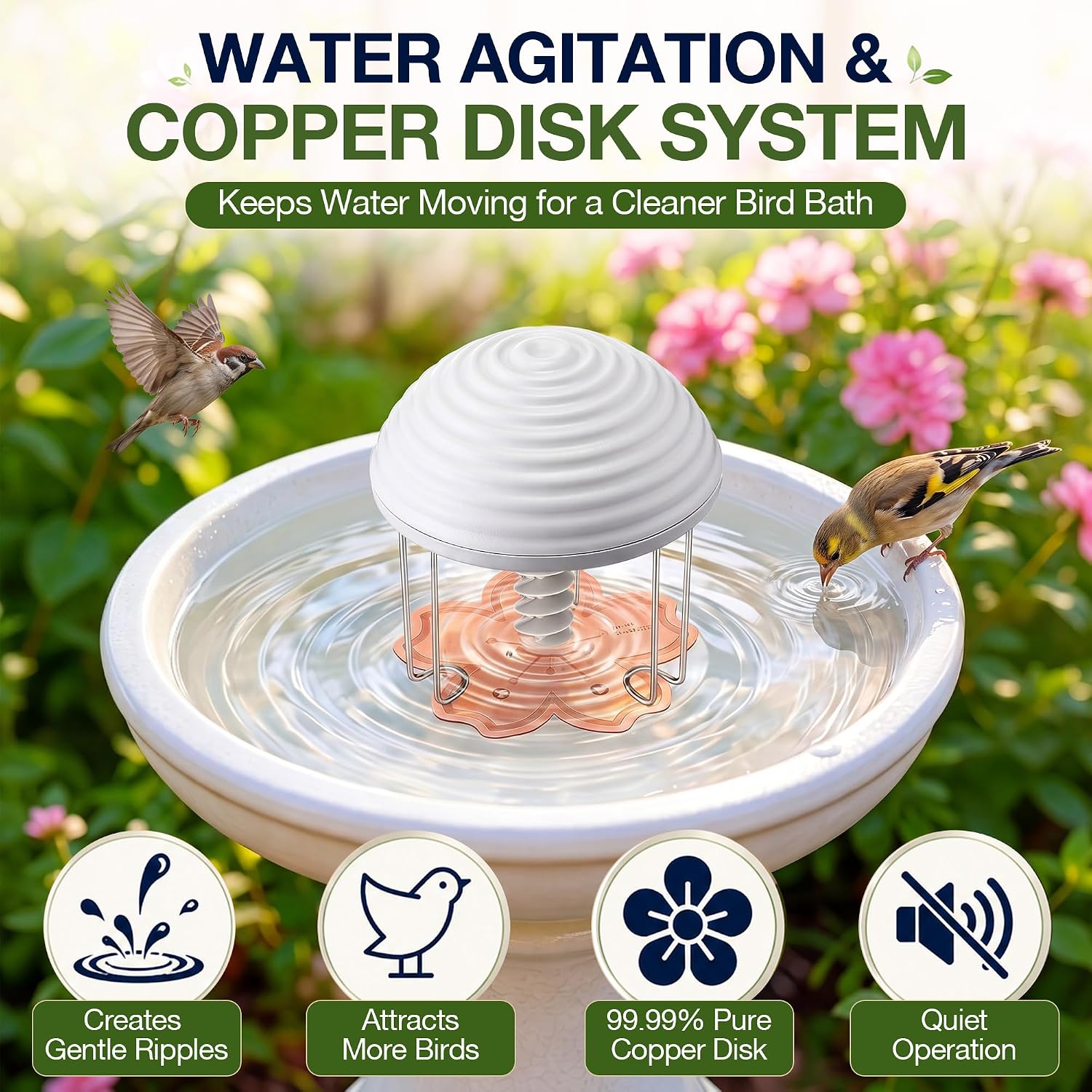 Bird Bath Water Agitator with 2 Flower 99.99% Pure Copper Disk, Battery Powered Bird Bath Circulator, Quiet Waterproof Mover Keeps Water Fresh for All Season Use (Grey Spiral) image 2
