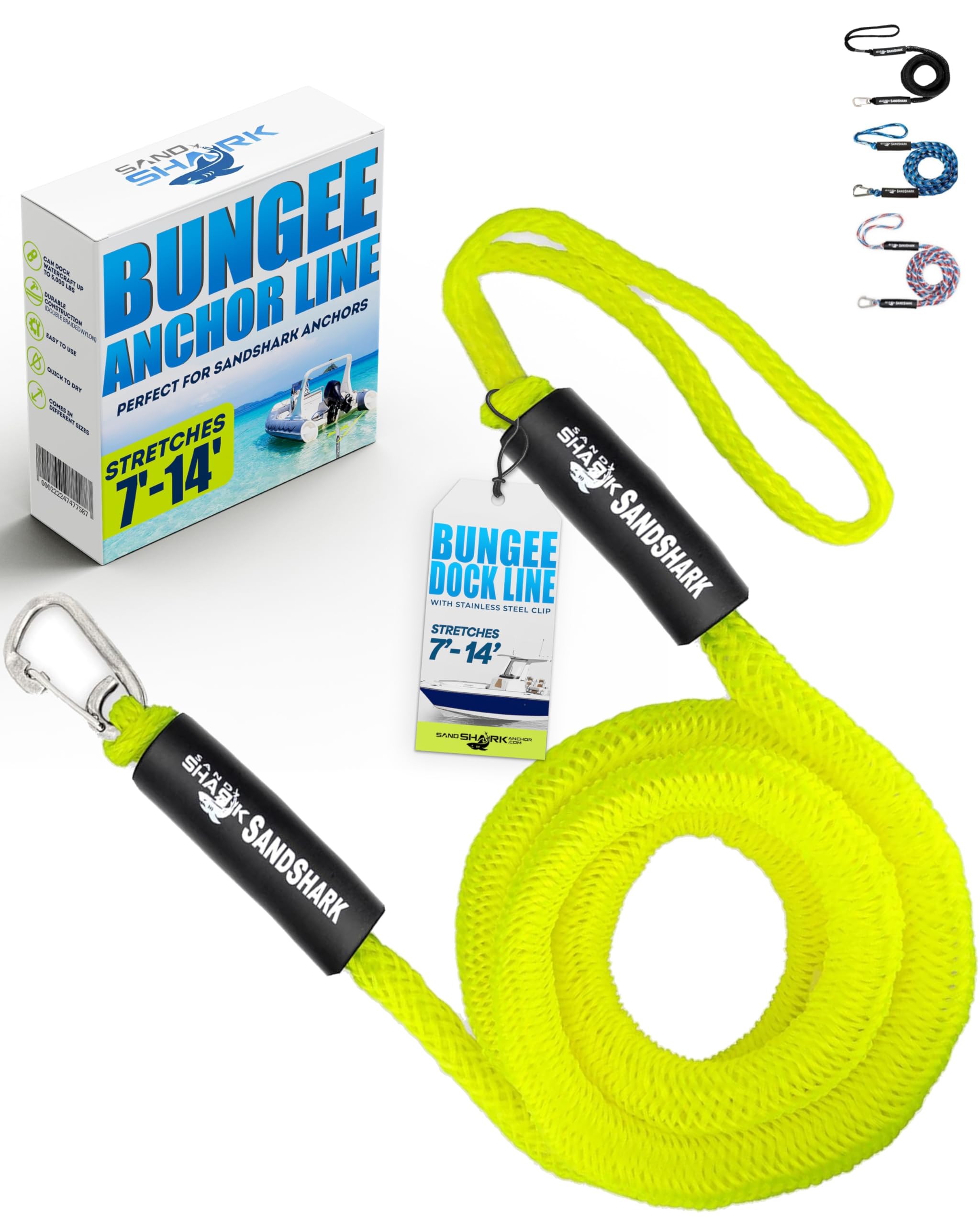 SandShark Premium Anchor Bungee Dock Line. Boat Accessories Anchor Line Absorbs Shock to Anchors and Docks w/Stainless Steel Clip - Neon Green - 7-14ft