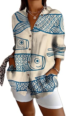 Womens Tops Long Sleeve Shirts Casual Botton Down Floral Printed V Neck Collared Dressy Blouses L Blue Fish