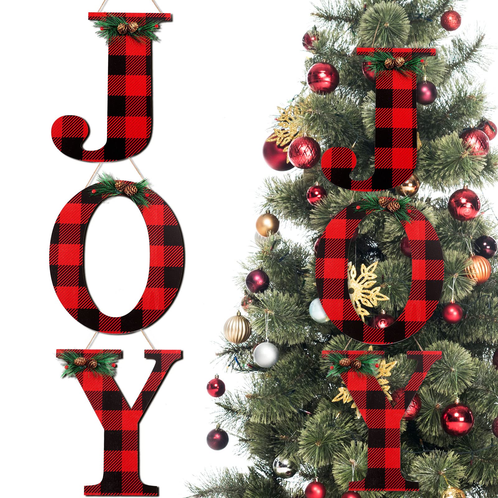 Spiareal 3 Pcs Joy Christmas Tree Ornament 14 Inch Buffalo Check Plaid Stripe Xmas Tree Hanging Ornament Peppermint Candy Cane Ornament for Gift Holiday Xmas Party (Black Red Plaid with Pine Cones)