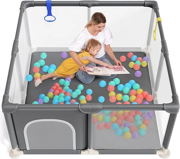 Baby Playpen 47x47 Inch in Small Play Pen Playards, Playpen for Babies and Toddlers, Baby Play Yard Safety Gate Fence for Indoor & Outdoor Kids Activity Center Play Area, Anti-Fall, Grey