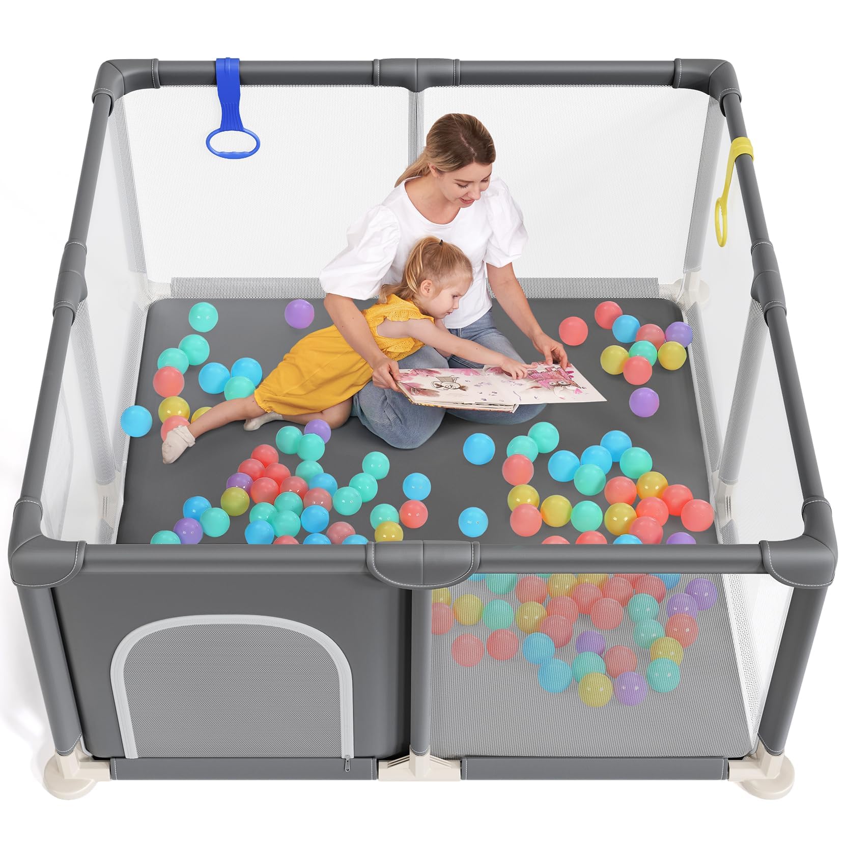 Baby Playpen 47×47 Inch, Small Playpen for Babies and Toddlers Playards Indoor & Outdoor Safety Gate Floor Play Pen, Baby Play Area with Soft Breathable Visible Mesh, Anti-Fall, Grey