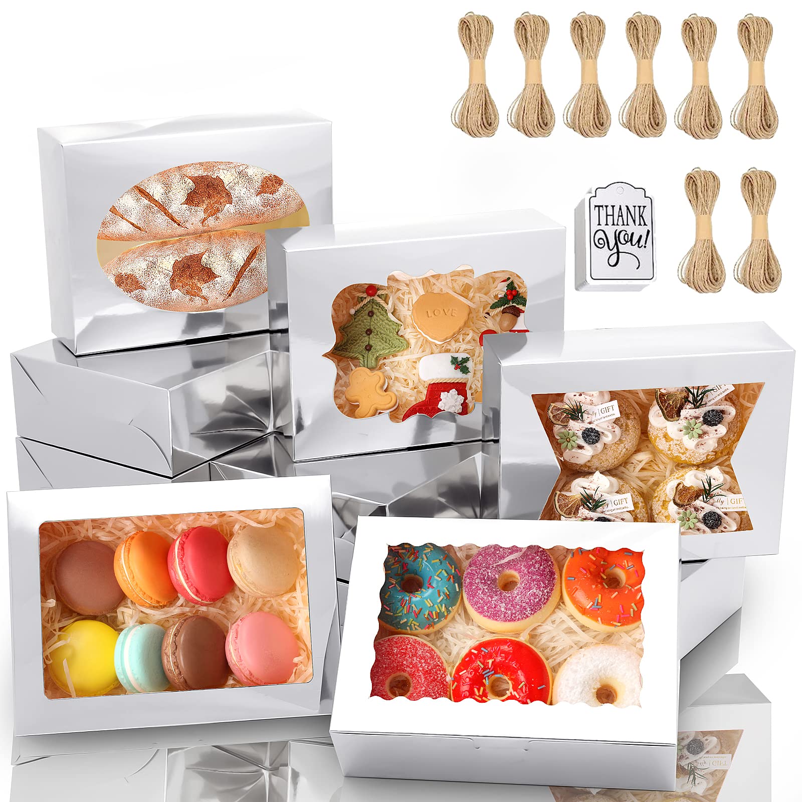 KPOSIYA65 PCS 8x6x2.5 Inch Cookie Boxes with Window Silver Bakery Boxes Pastry Boxes for Gift Giving, Treat, Dessert, Cupcakes, Chocolate, Strawberries, Donuts, Muffins (5 Style Windows)