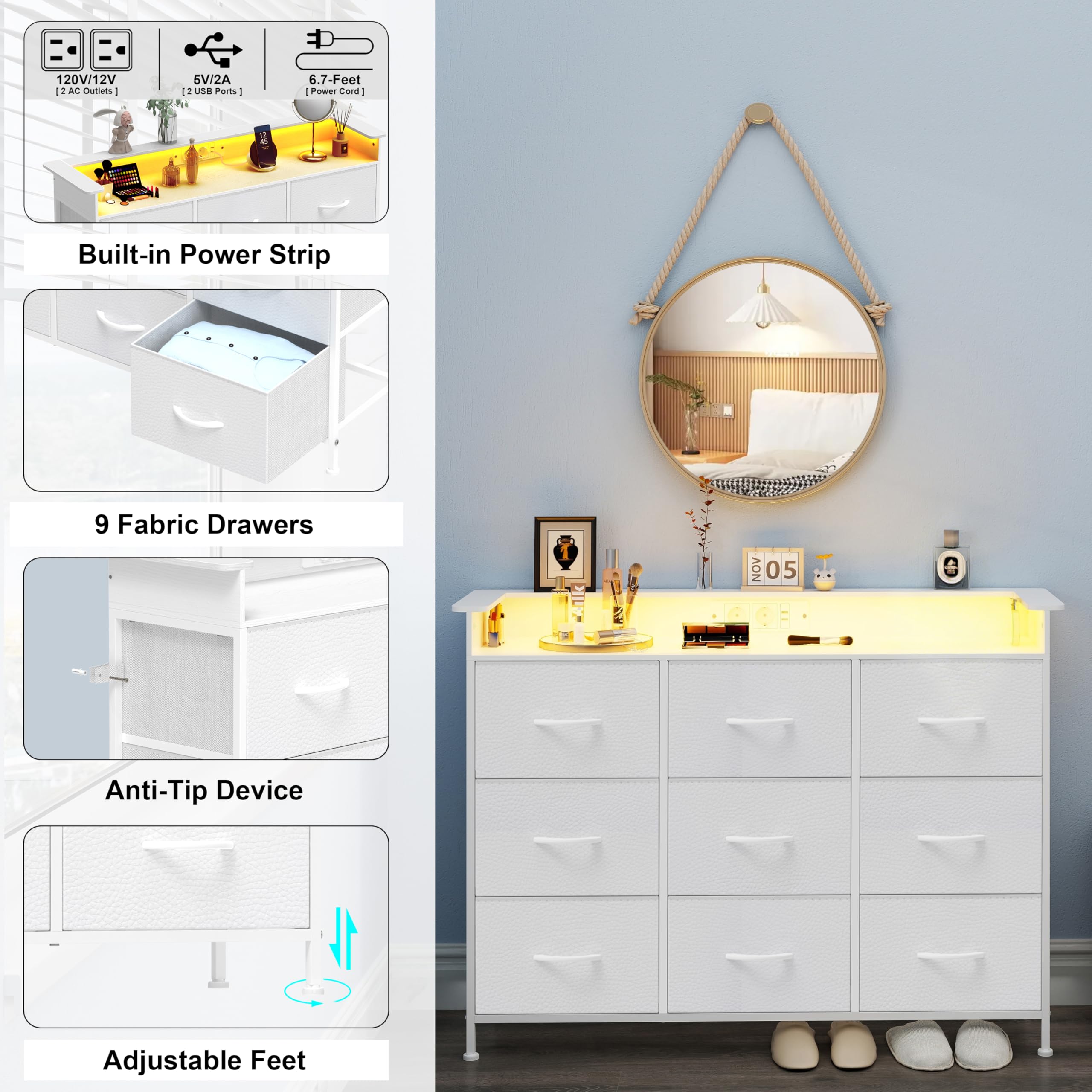 VEDECASA Comò con 9 cassetti e illuminazione LED, comò per camera da letto con presa elettrica, comò in tessuto con cassetti in tessuto per camera da letto soggiorno corridoio, struttura in metallo e