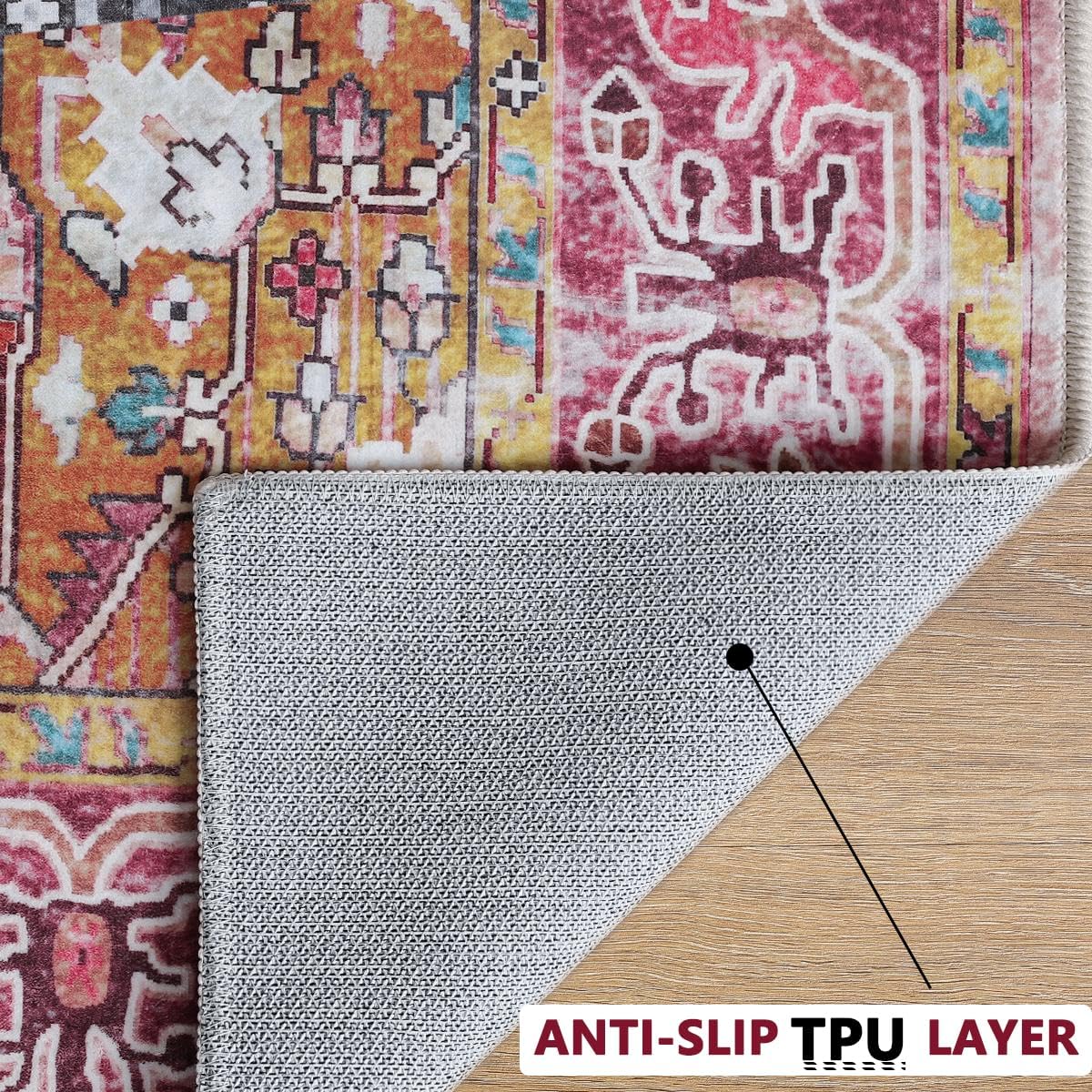 Runner Rug 2x6, Machine Washable Vintage Non-Slip Area Rug, Low Pile, Decorative Carpet Printed Floral Rugs for Living Room, Entryway, Kitchen, Bedroom, Plum