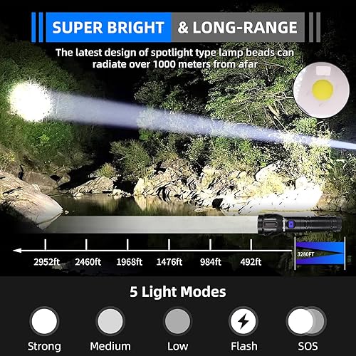 Miniatura 2 de DARKBEAM Linterna LED recargable USB - C de alto lúmenes súper brillante, con 5 modos y salida de energía móvil - enfoque ajustable, resistente al