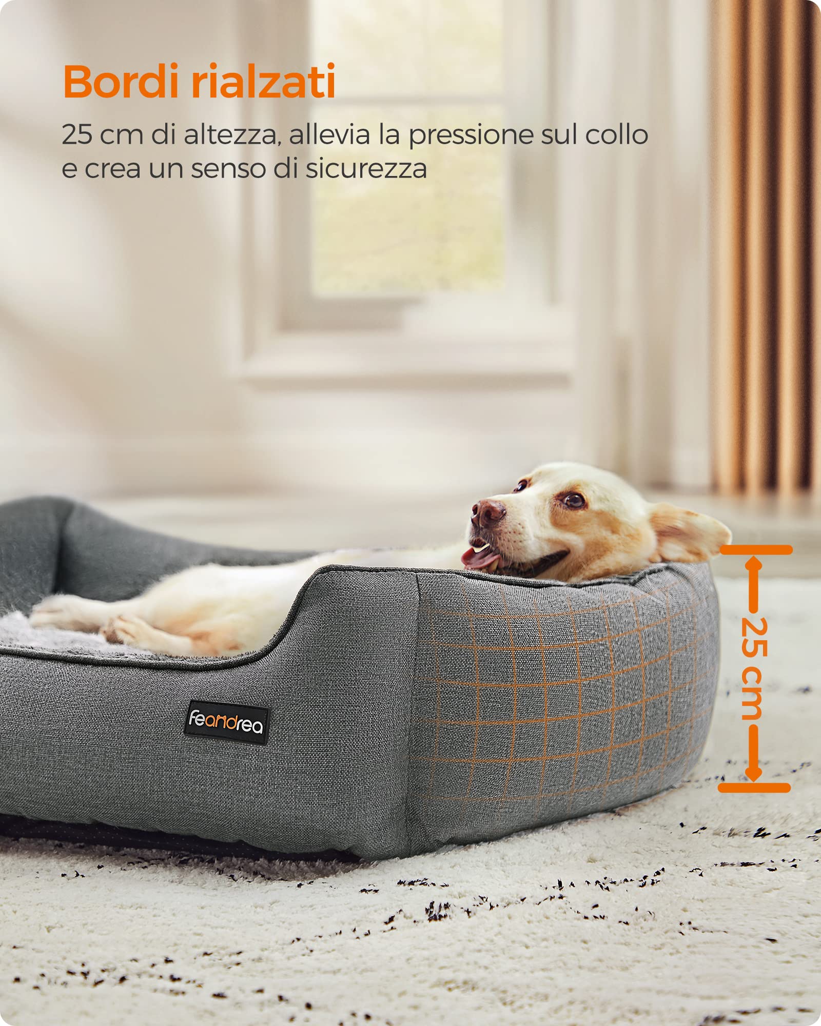 Feandrea Cuccia per Cani, Lettino per Animali in Simil Lino, Bordi Rialzati, Fondo Antiscivolo, Copertura Sfoderabile per Lavaggio, Taglia L per Cane Medio, 90 x 75 x 25 cm, Grigio Chiaro PGW11GG