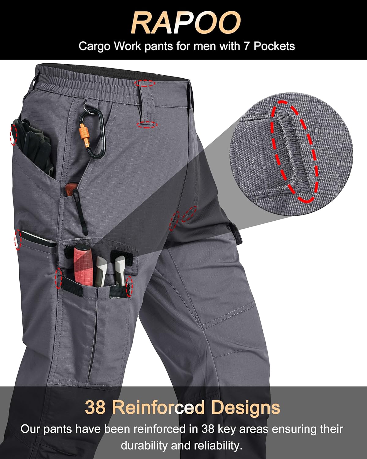 Mens Cargo Pants Ripstop Water Resistant Breathable Tactical Hiking Pants with 7 Pockets - Image 2