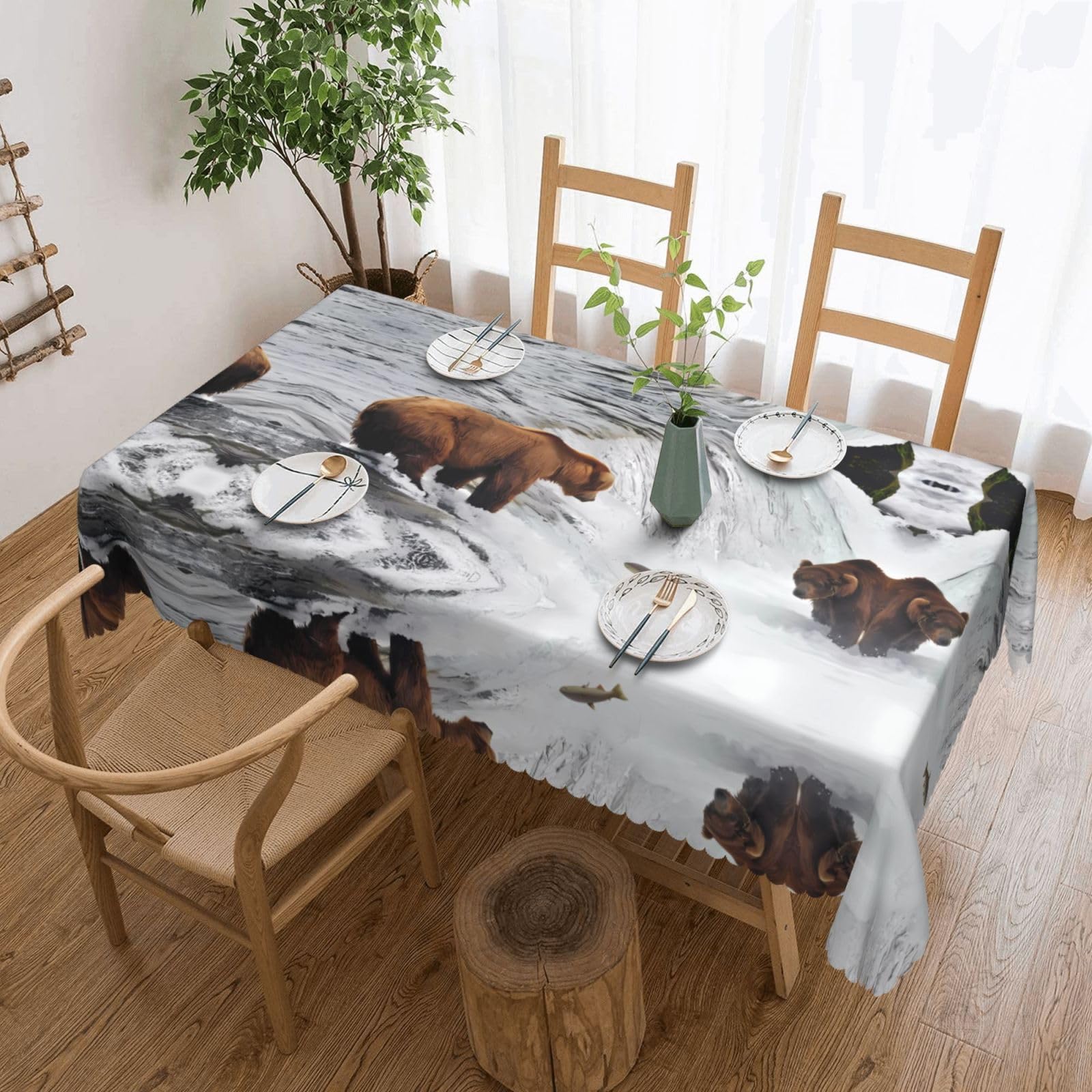 HLSBSSL Bears fishing in river Patterned square lace tablecloth, wrinkle-resistant and durable, suitable for dining tables, parties, etc.