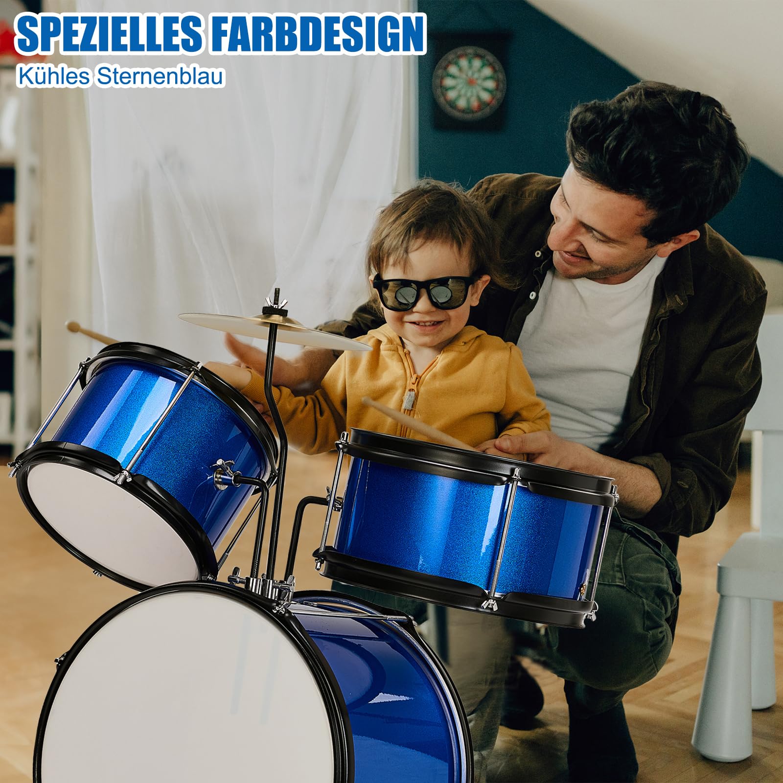 LEADZM Schlagzeug Set 14'' für Kinder ab 3 Jahren mit Hocker, Bassdrum-Pedal und 2 Drumsticks, Becken, Tom und Snare Drum (Dunkelblau)