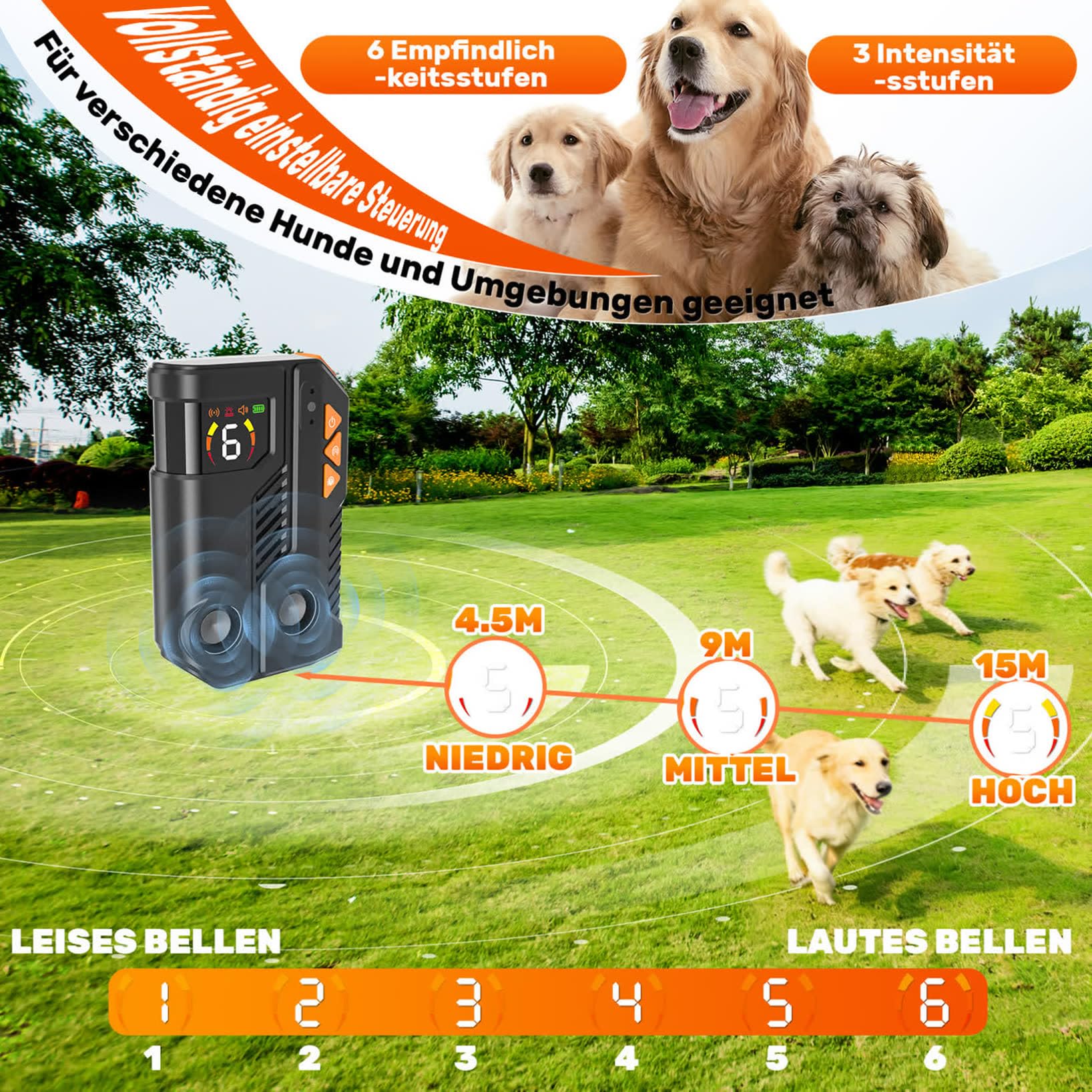 Anti Bell Gerät Hunde Antibell Ultraschall Gerät mit AI-Erkennung, Hundeabwehr Ultraschall 2 Sender, Hunde Bellen Stoppen Innen & Außen, 6 Empfindlichkeit und 3 Intensität, IPX6 Wiederaufladbar