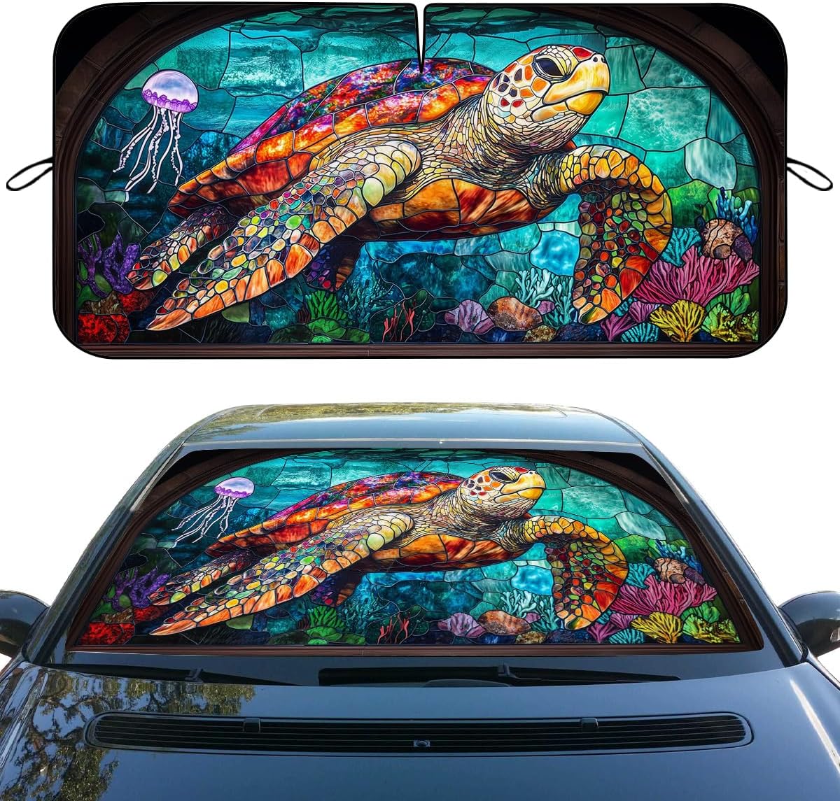 Sea Turtle Car Windshield Sun Shade Stained Glass Coral Reef Marine Life Heatshield Front Window Car Sun Shade Windshield Sun Visor Protector for Car Sedan Truck SUV Accessories 59" L x 31.5" W