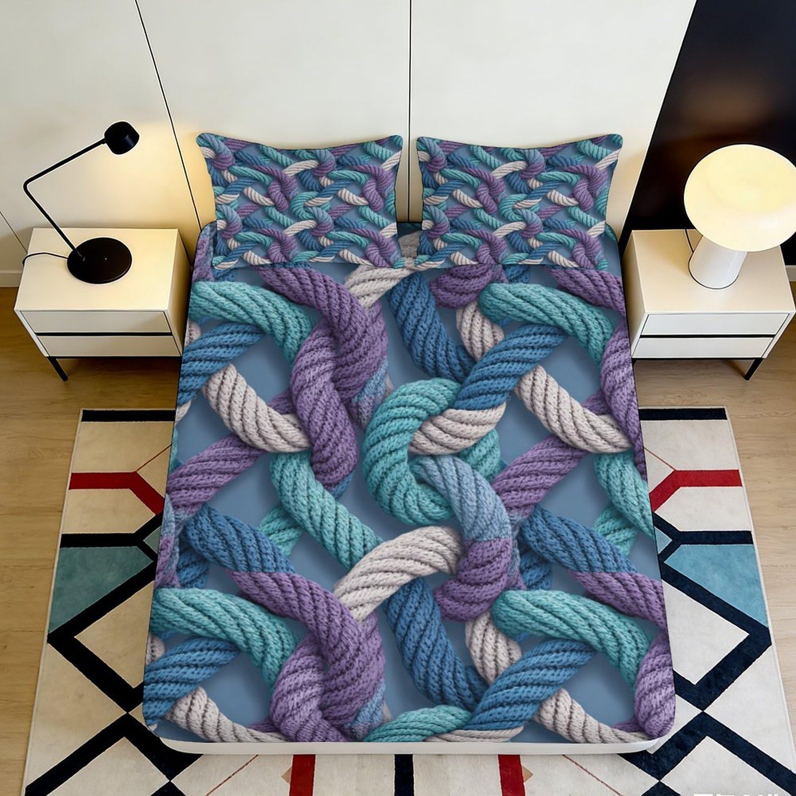 3D Printed Braided Rope Pattern Fitted Sheet Microfiber Soft Mattress Cover for Bedroom Dorm Youth Decor 90x200x25cm