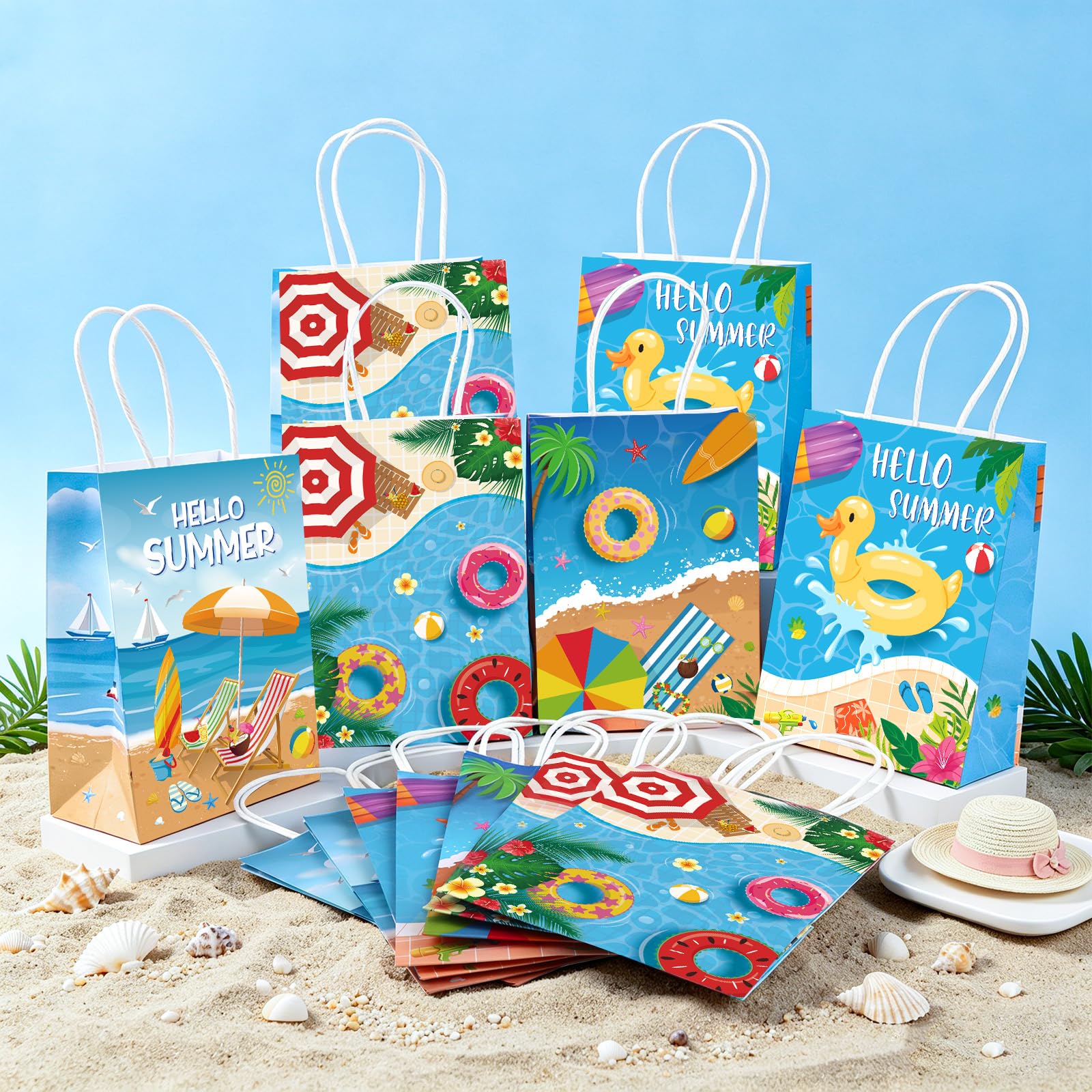 Hxezoc 12 Pieces Beach Party Gift Bags with Handle, Paper Treat Candy Bag Summer Pool Favor Bags for Hawaiian Theme Festival Luau Beach Party Decoration Supplies