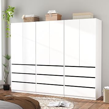 Armoire Wardrobe Closet with Drawers75" Large White Wardrobe Closet Cabinet with 6 Doors for Hanging Clothes, Modern Wooden Bedroom Armoires with 9 Drawers and Storage B+B+B, 94.5"