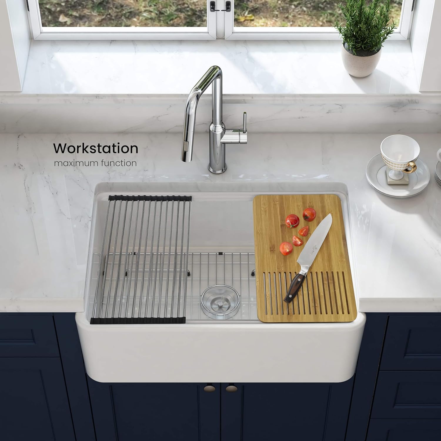 KIBI Pure Series K2-SF30T 30-inch Fireclay Farmhouse Kitchen Workstation Sink | Single Bowl Heat-Resistant Glazing with Bottom Grid, Strainer, Cutting Board, and Roll-Up Tray | Durable White Sink