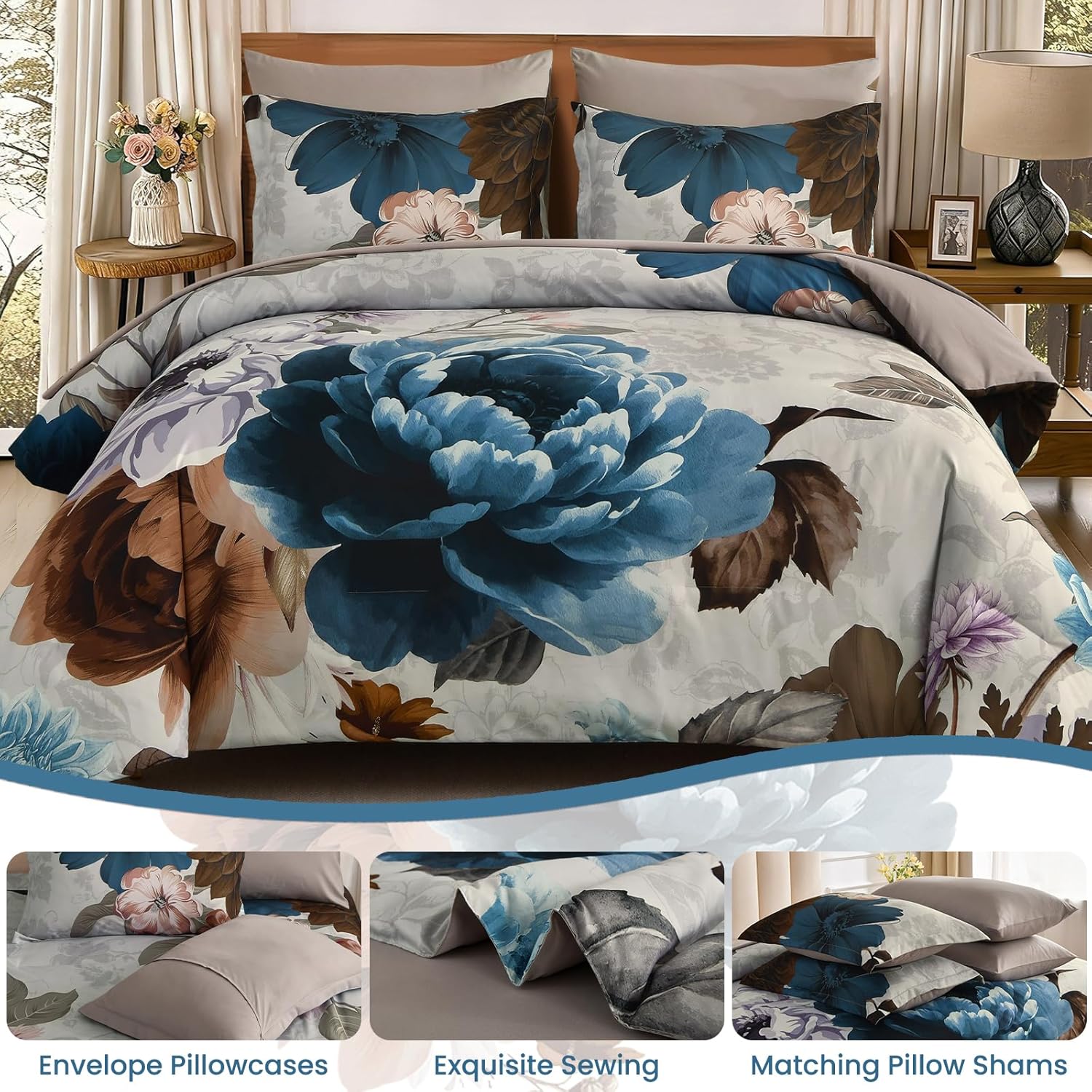 WONGS BEDDING Floral Comforter Set King Size, 7 Pieces Bed in a Bag Bedding Set, Grey and Blue Flower Comforter Soft Microfiber for All Season with Pillowcases & Shams,Sheets(90"×90")
