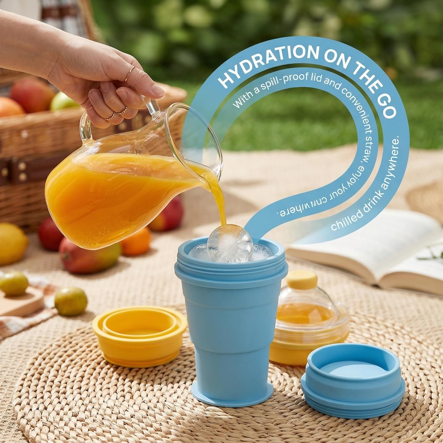 2-in-1 Collapsible Silicone Ice Ball Maker Cup, Reusable Portable Ice Sphere Mold with Straw & Lid, Easy Demolding, Leakproof Travel Tumbler for Coffee, Juice, Home, Summer Essential (Blue+Yellow)