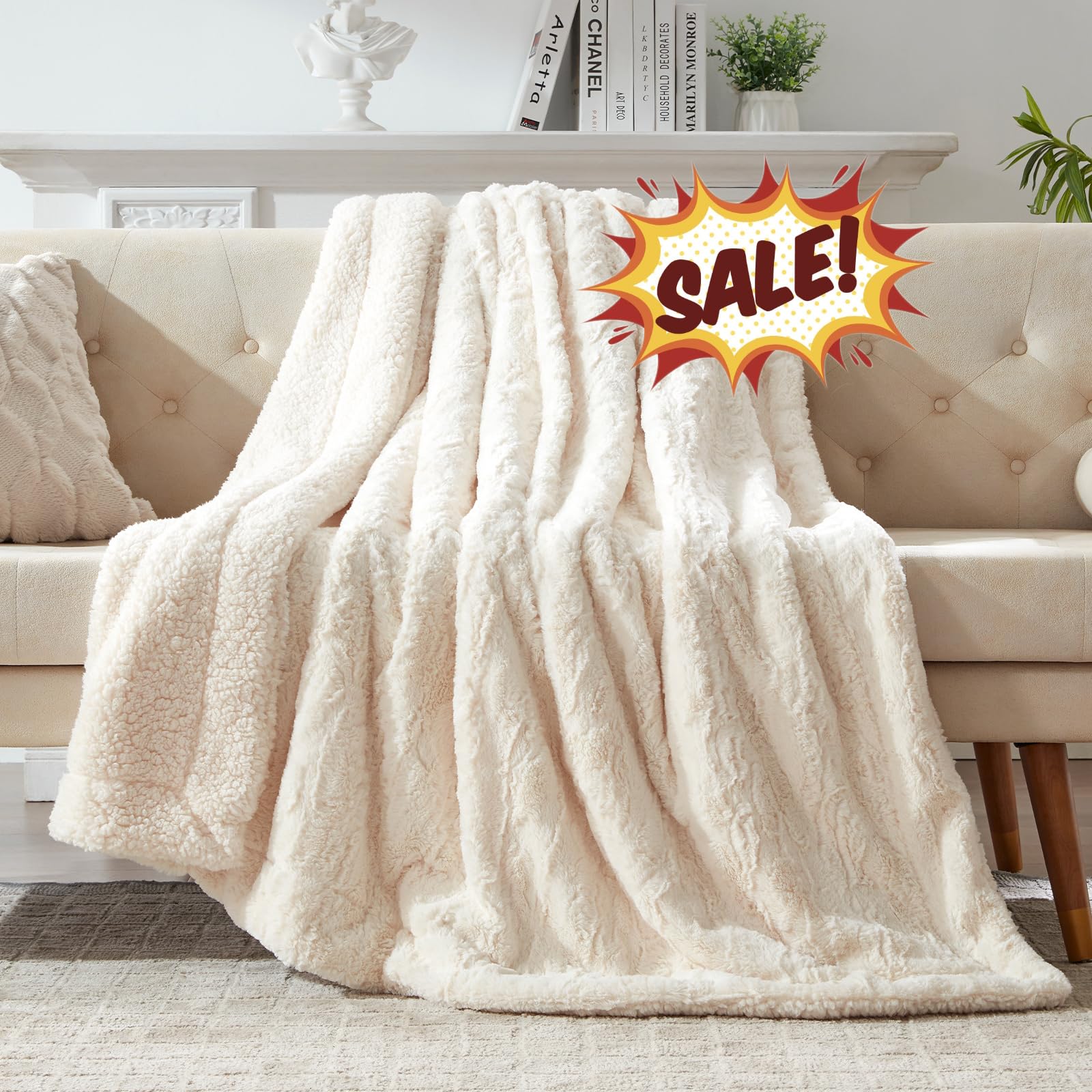 COZYART Faux Fur Sherpa Fleece Throw Blanket for Couch, Cream 50"x60" Reversible Soft Fuzzy Fluffy Shaggy Microfiber Blankets for Sofa Bed Decor