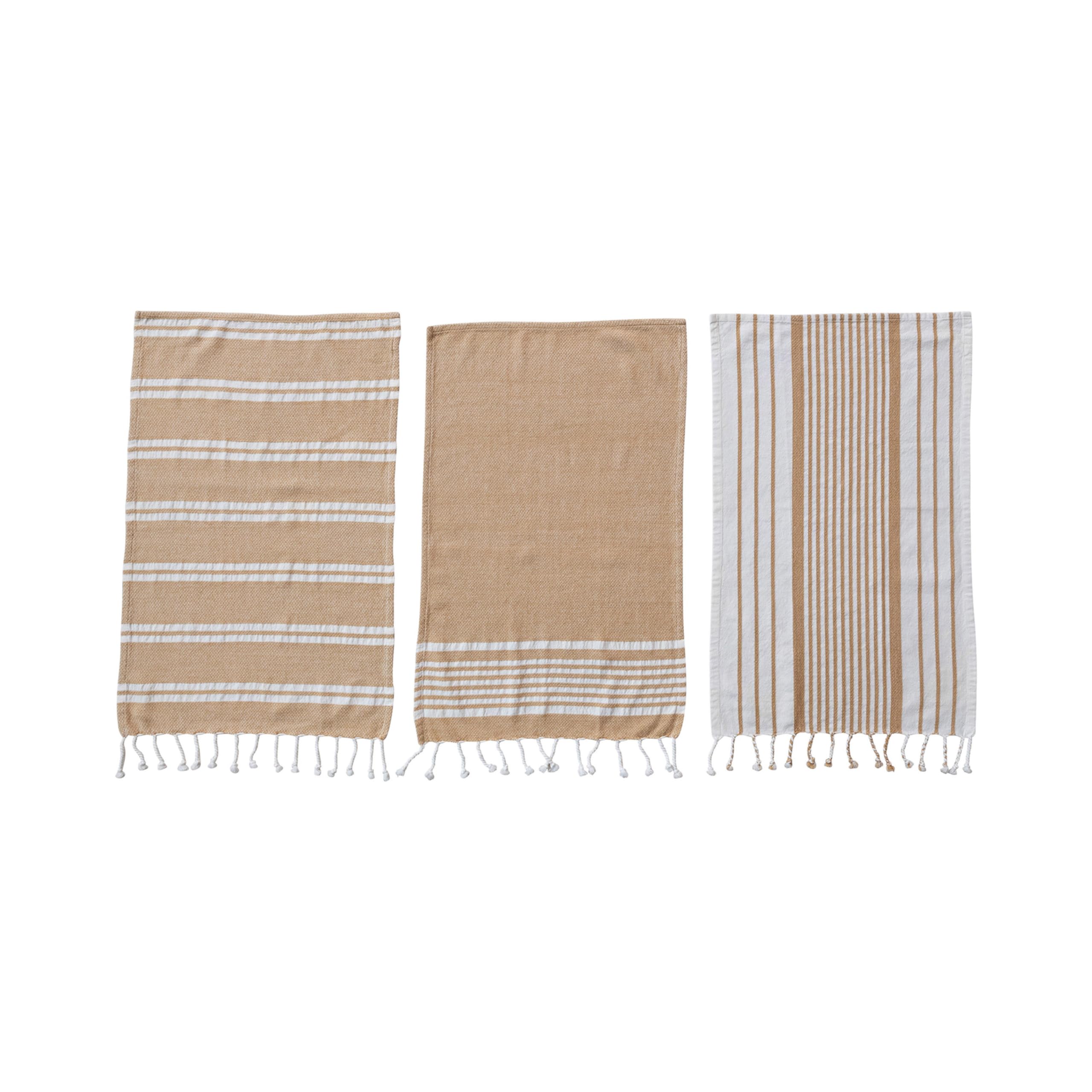 Bloomingville Set of 3 Woven Cotton Tea Towels, Brown and White