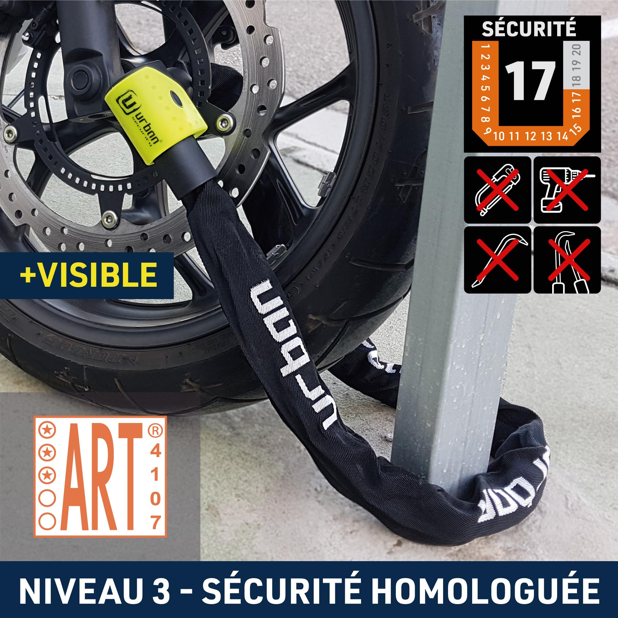 URBAN 10K120 Chaine Antivol Moto ART3 Homologué, Maillons en Acier Trempé ø10mm, Revêtement Textile, Cadenas à Chaîne Haute Sécurité pour Moto, Scooter, Velo, Trottinette Electrique, 120cm