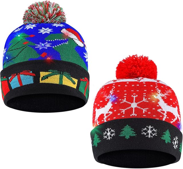 Purezento 2 Pack Christmas Hat, LED Christmas Cap, Light-Up Knitted Hat for Christmas party,Holiday Party Favors with Kids & Adults, 24×20cm