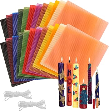 GBACHOOSE Beeswax Sheets for Candle Making, 24 Pack 8" x 8" Honeycomb Wax Sheets 12 Colors with Cotton Wick, DIY Roll Beeswax Candle Making Kit for Adults Kids Crafts Gift