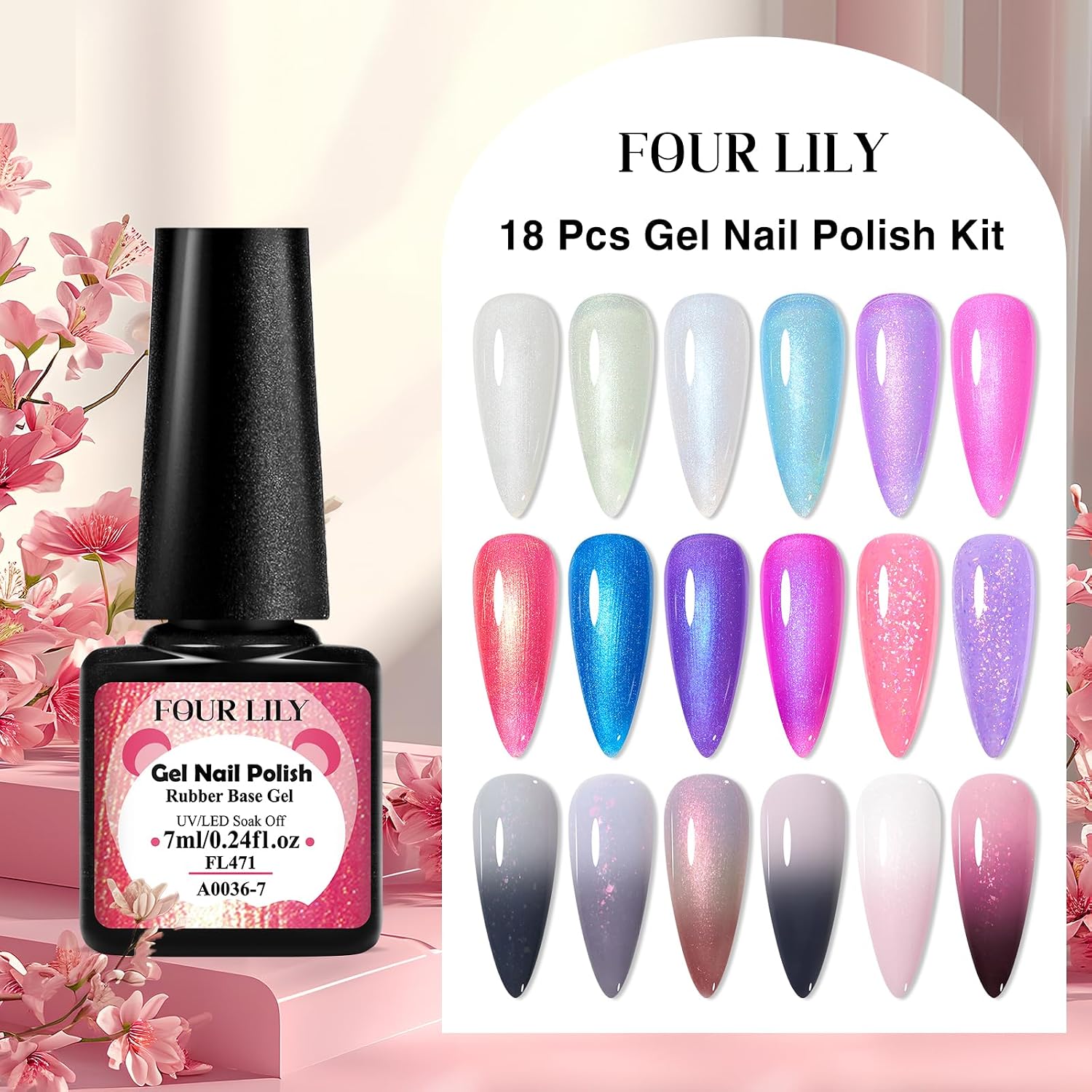 18 Colors Rubber Base Gel Set, Pearlescent Rubber Base Gel Polish for Nails Color Changing Builder Base Nail Gel Brocade 2-in-1 Soak Off Base Gel Nail Strengthener Gifts for Women