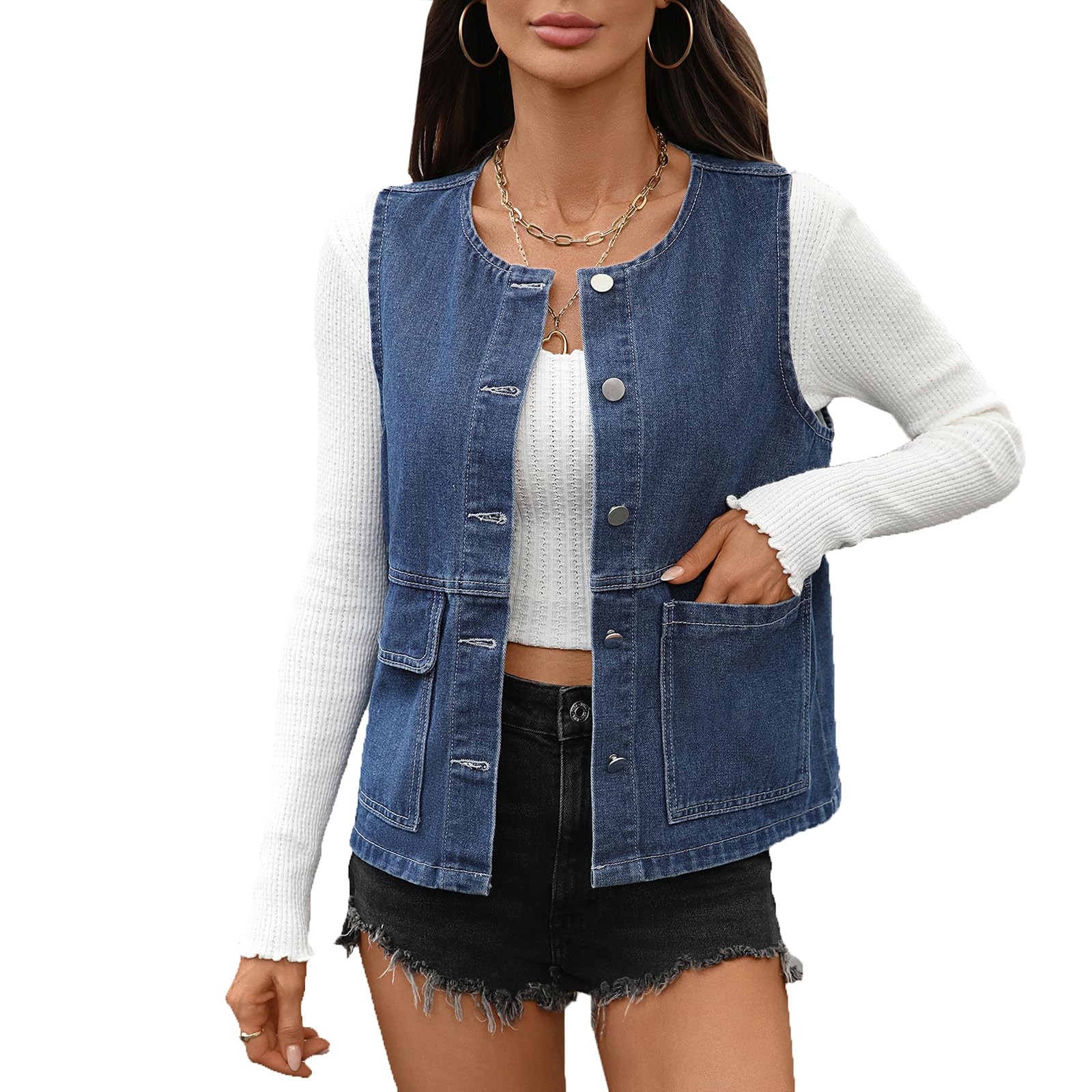 Gilet Di Jeans Largo Da Donna Con Bottoni Casual Scollo Rotondo Senza Maniche Giacche Di Jeans