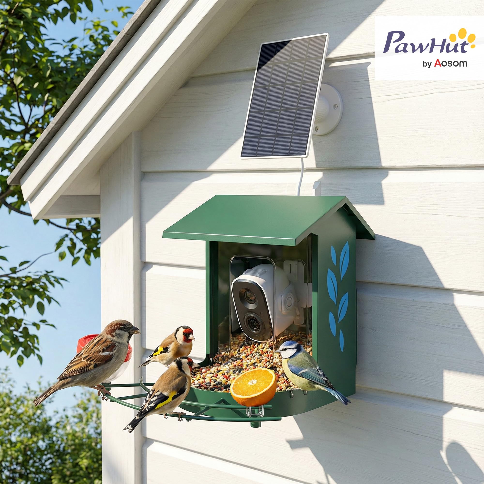 PawHut Comedero para pájaros con cámara inteligente 2K 142° - carcasa de acero antiardillas, panel solar - comedero para pájaros exterior, identificación IA 16000+, aplicación, SD 32 GB, jardín, verde | Anti-ardilla, Panel Solar, Comedero Aves Exterior, I