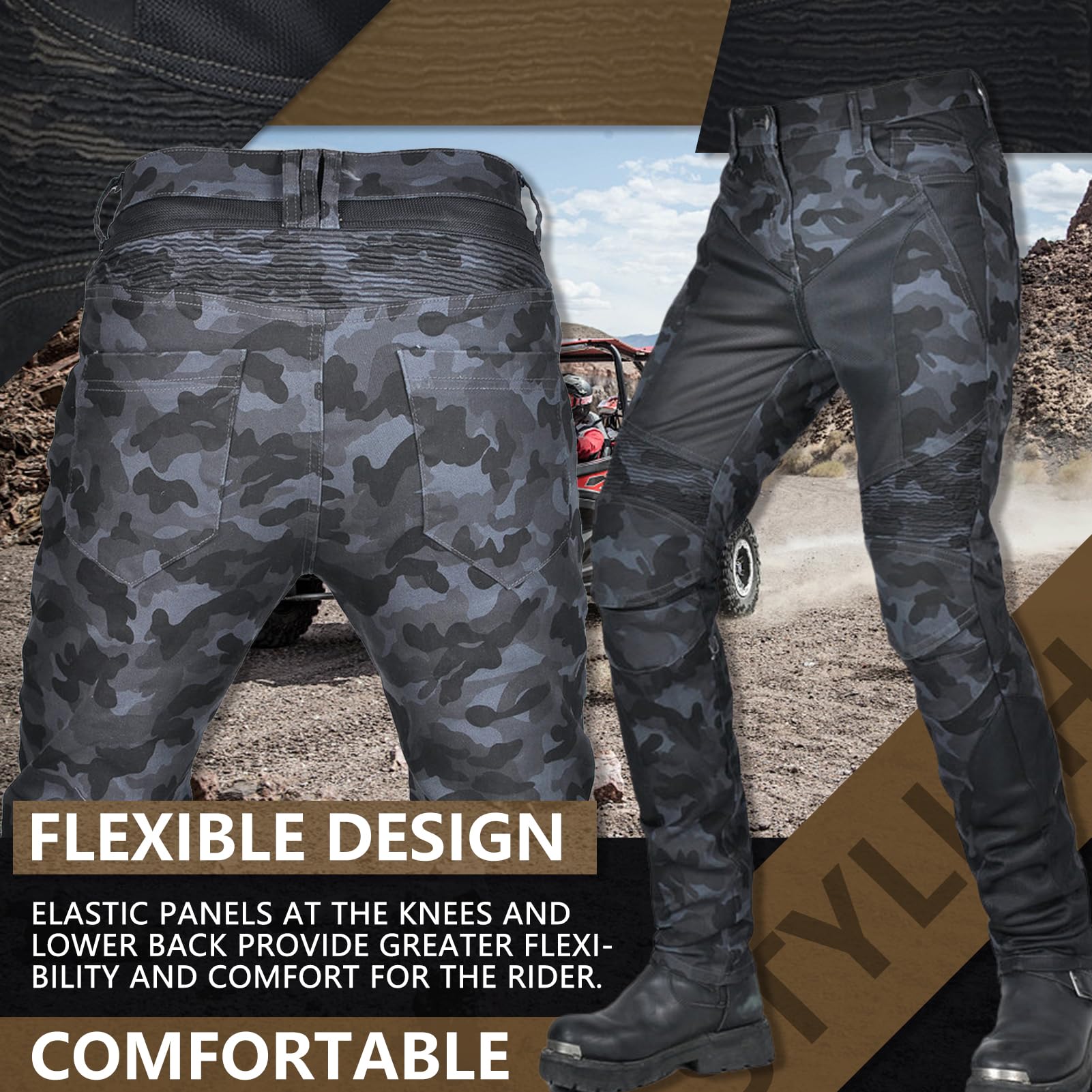 Homme Pantalon de Moto, Pantalon Moto Anti-Chute Respirant en Maille D'été Camouflage, avec Coussinets Protection CE Amovibles Jeans de Pantalon d'armure