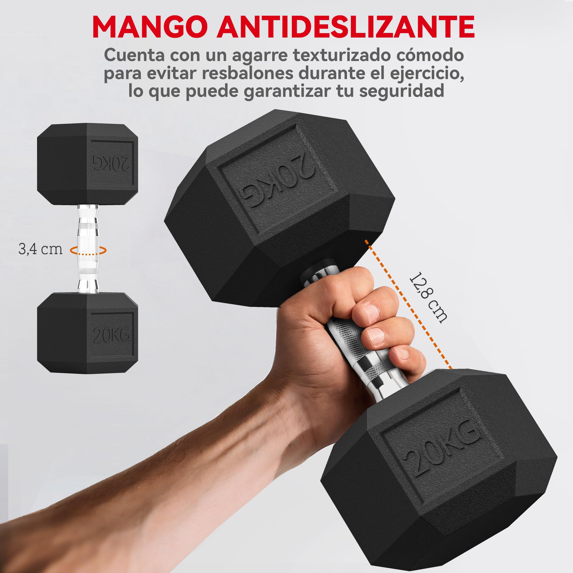 HOMCOM Mancuerna Hexagonal 20 kg con Mango Moleteado Negro y Plata | Hierro Fundido, Pesas de Metal Recubiertas de Goma, Entrenamiento Casa Gimnasio Oficina