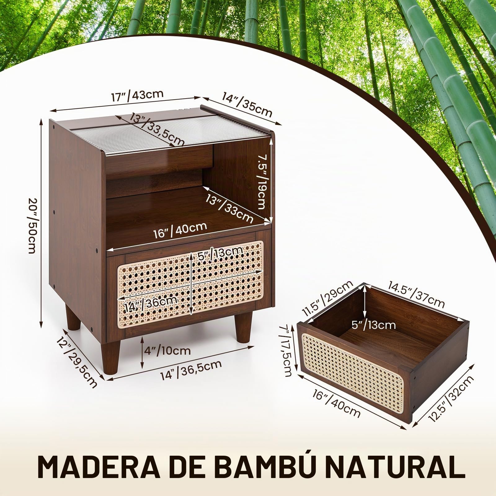 RELAX4LIFE Mesita de noche con cajón de ratán y estante abierto, mesita de noche con mesa de cristal y ranuras para cables, consola de noche de bambú, mesa auxiliar para salón o dormitorio (2, marrón)