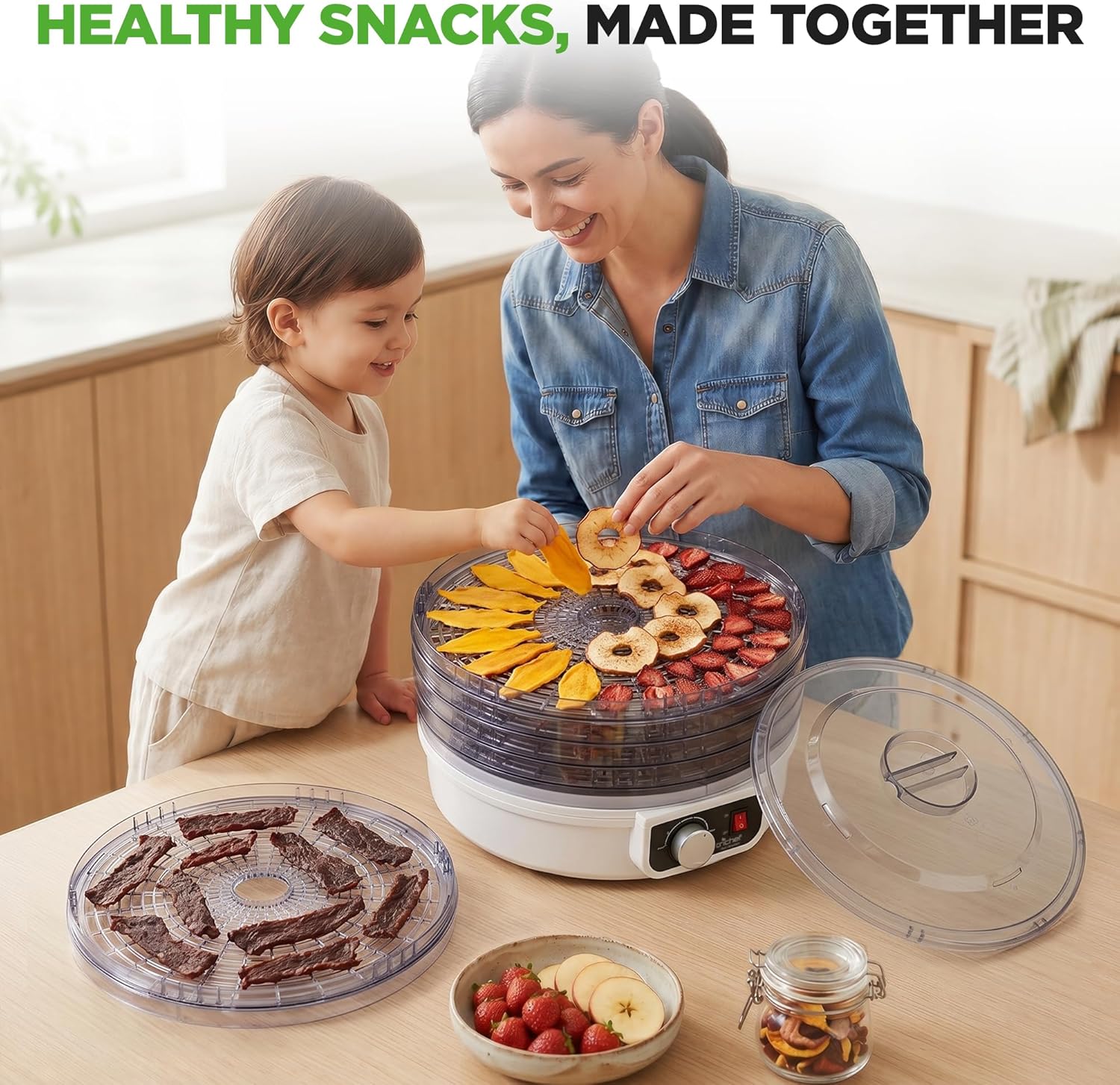 NutriChef Food Dehydrator - Dehydrate Beef Jerky, Meat, Mushrooms, Fruits & Vegetables at Home | Utilizes High-Heat Circulation for Even Dehydration | Includes 5 Easy-to-Clean Trays | White